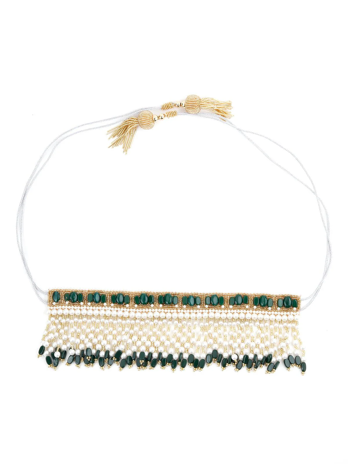 Odette Women Alluring Green Pearl Fabric Tie-Able Tassel Belt! - Image 3