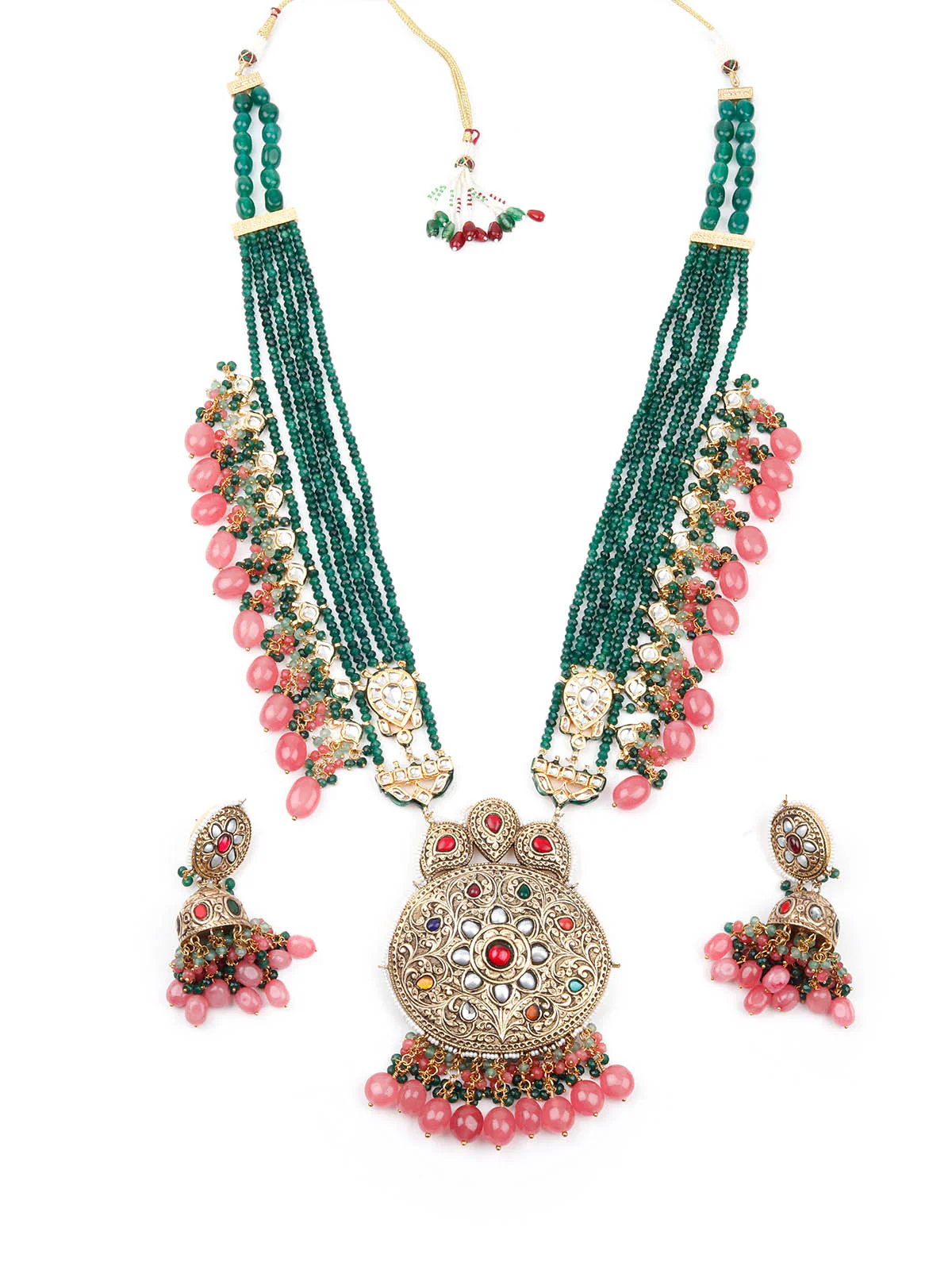 Odette Women Antique Style Bridal Green Long Necklace Set - Image 3