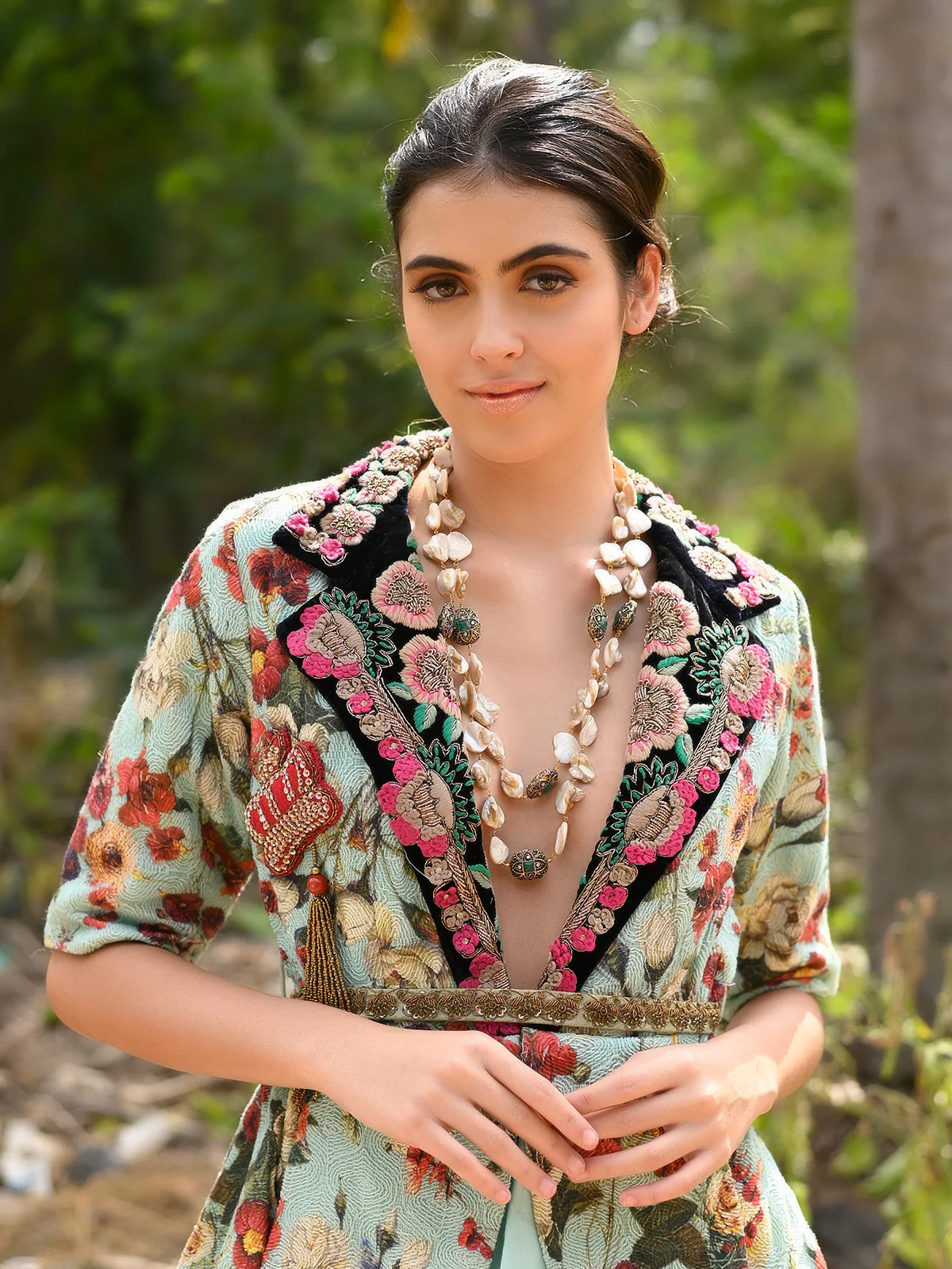 Odette Women Apricot And Green Beaded Long Necklace - Image 2