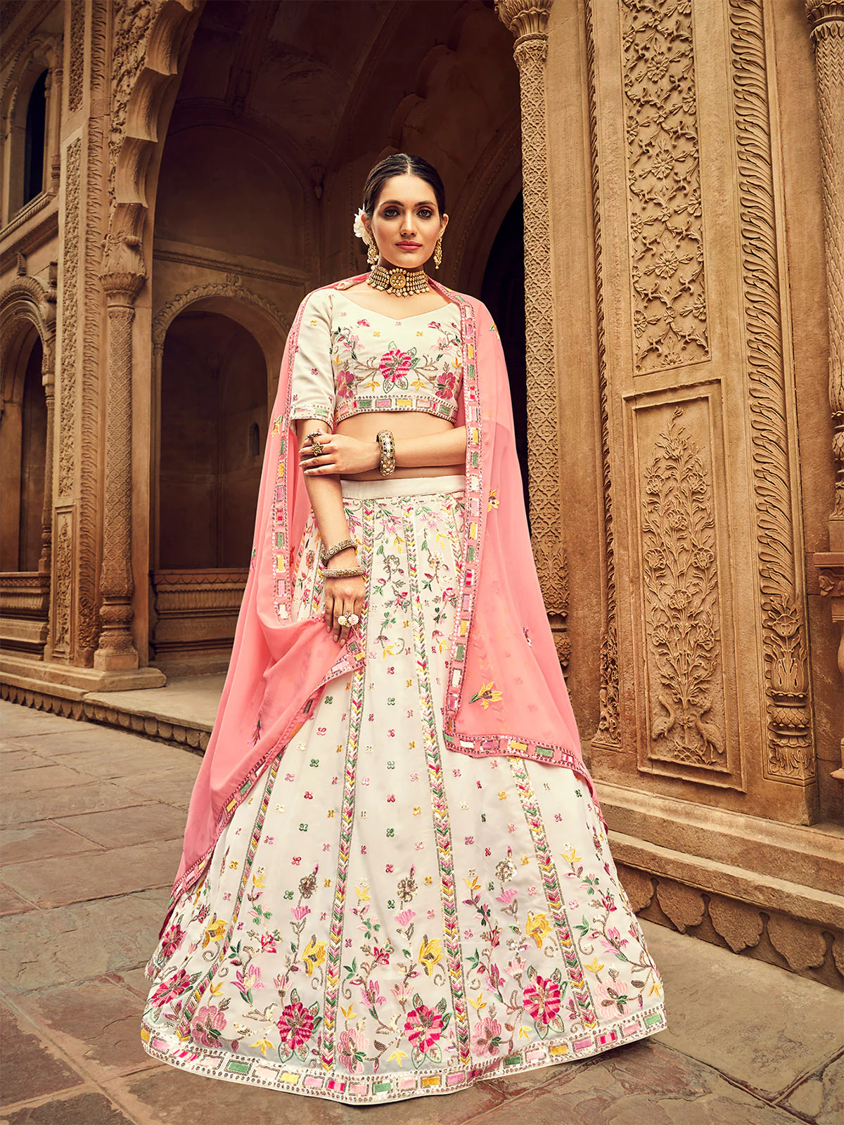 Odette Women Apricot Embroidered Festive Semi Stitched Lehenga With  Unstitched Blouse - Image 2