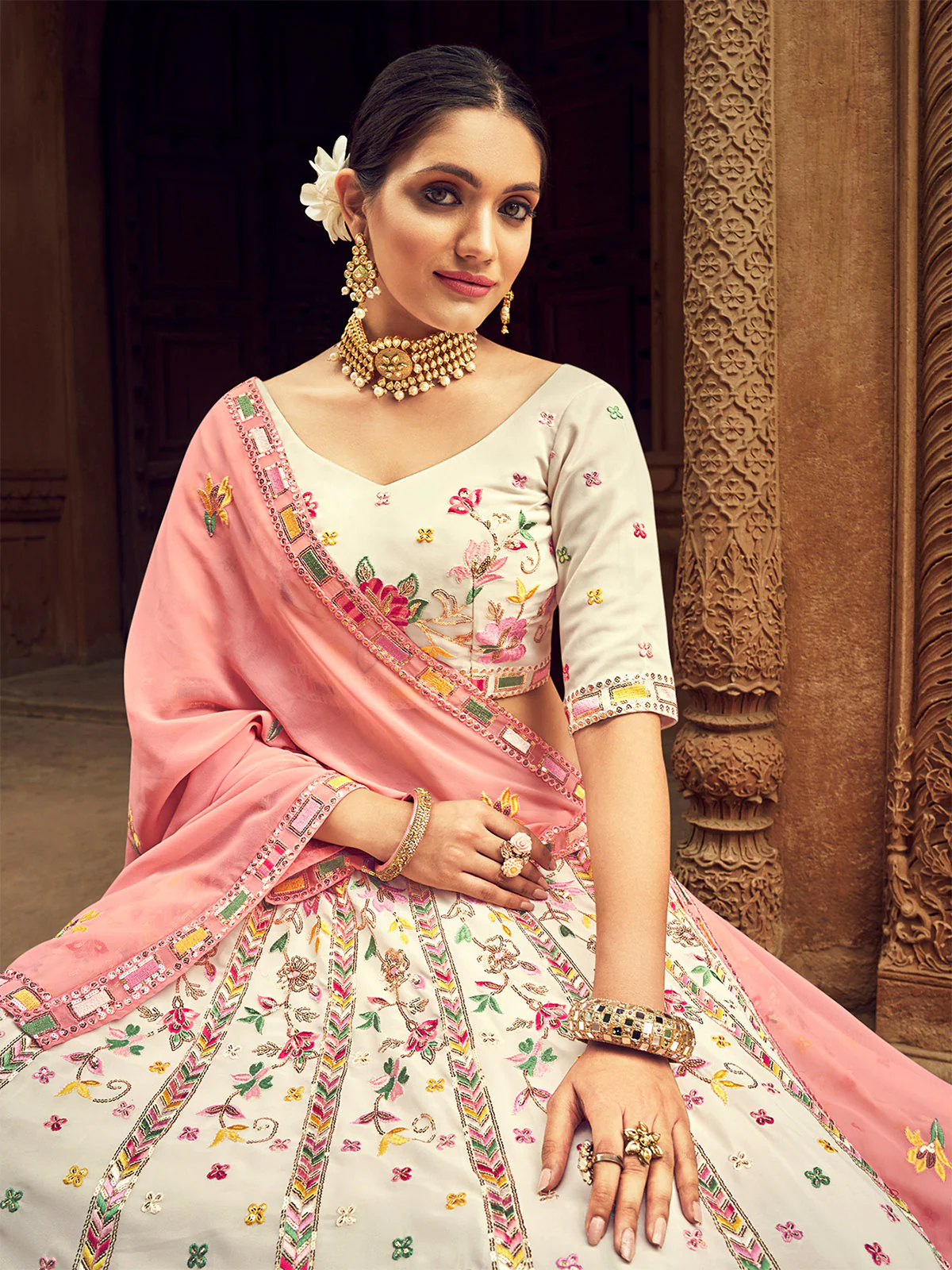 Odette Women Apricot Embroidered Festive Semi Stitched Lehenga With  Unstitched Blouse - Image 3