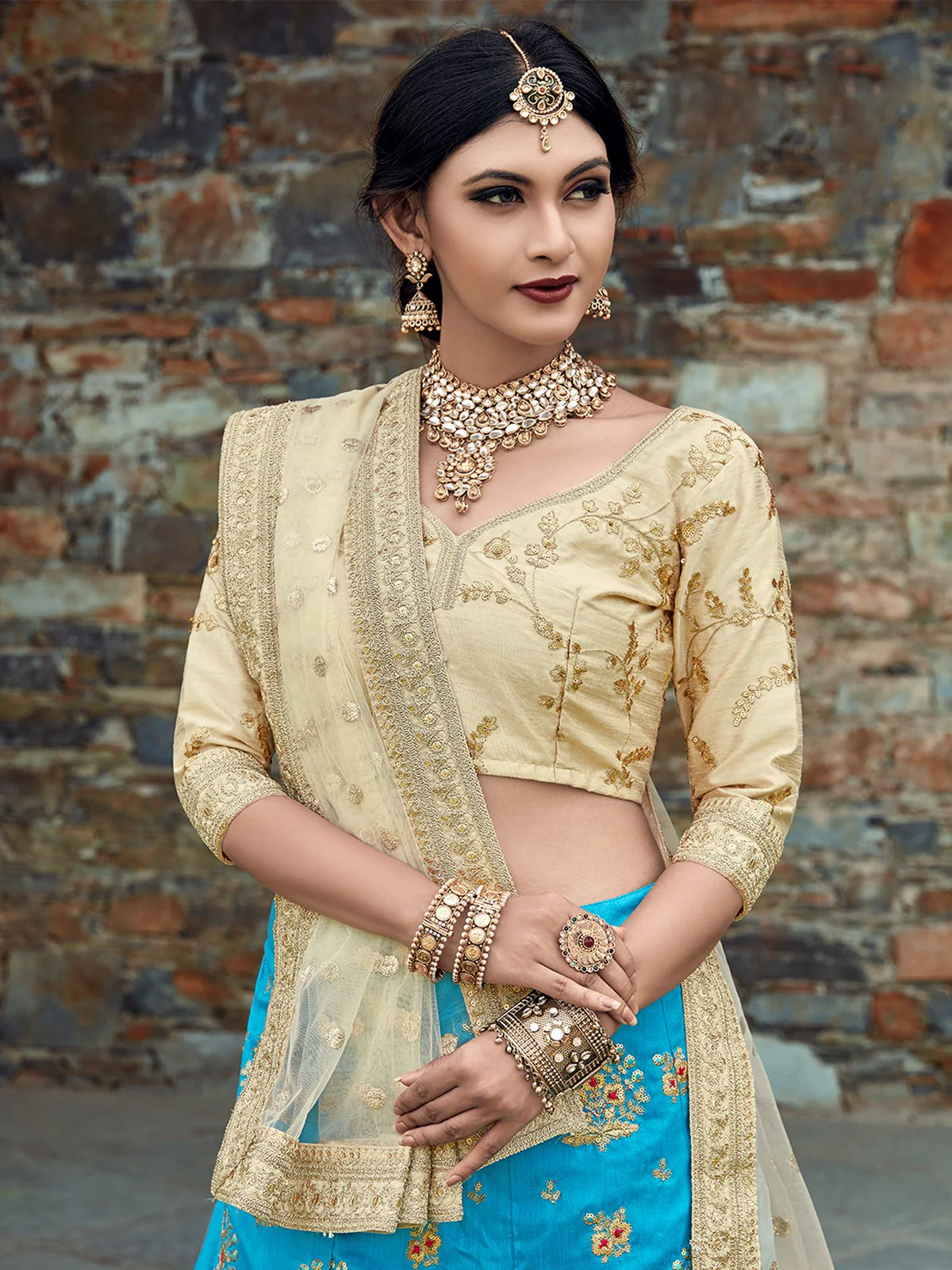 Odette Women Aqua Blue Art Silk Semi Stitched Lehenga With Unstitched Blouse - Image 2