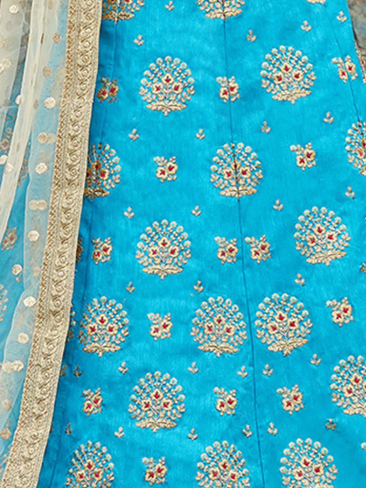 Odette Women Aqua Blue Art Silk Semi Stitched Lehenga With Unstitched Blouse - Image 3