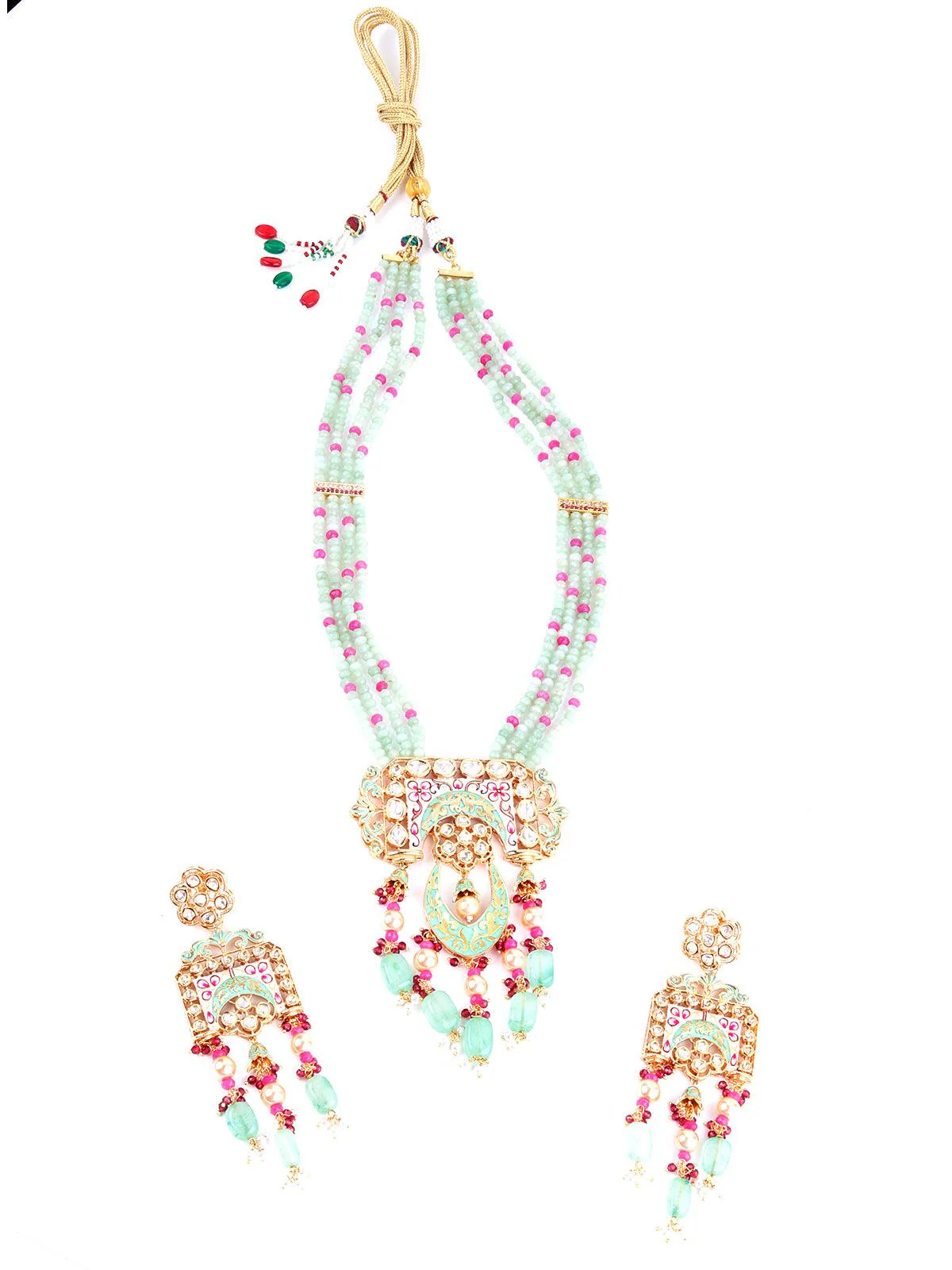 Odette Women Light Kelly Green And Ruby Pink Necklace Set - Image 3