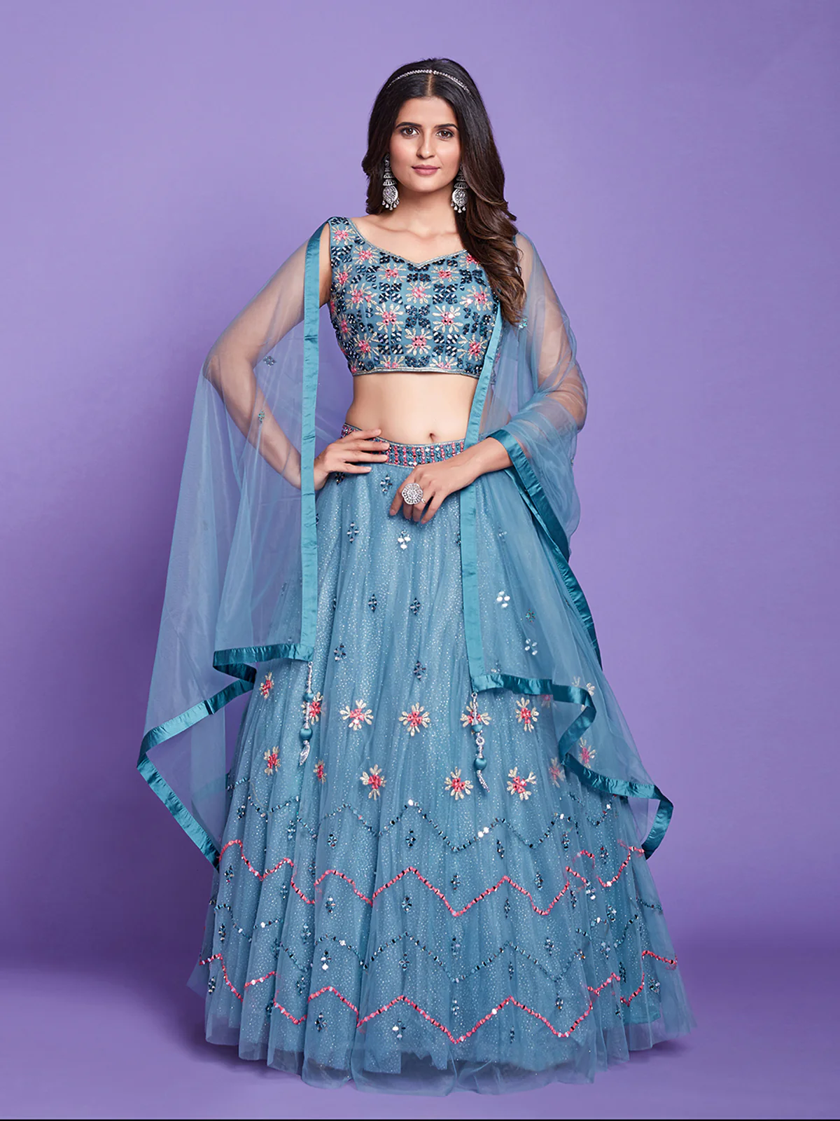 Odette Women Aqua Net Stitched Lehenga Choli