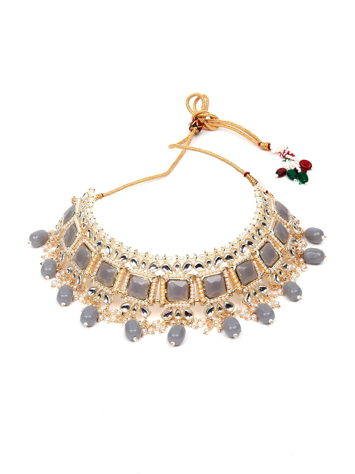 Odette Women Ash Grey Crystal Embellished Choker Necklace Set - Image 3