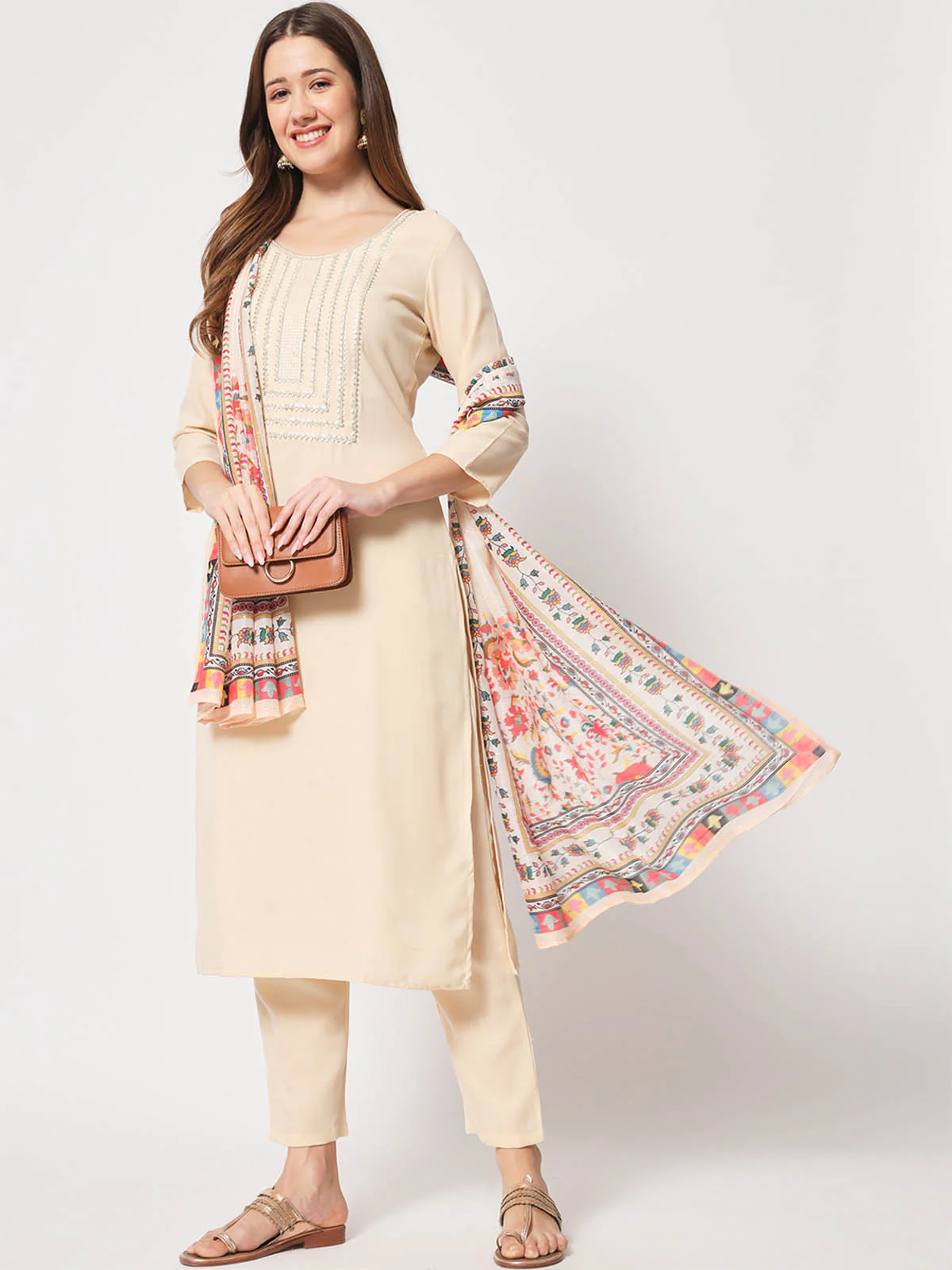 Odette Women Attractive Beige Cotton Embroidered Stitched Kurta Set