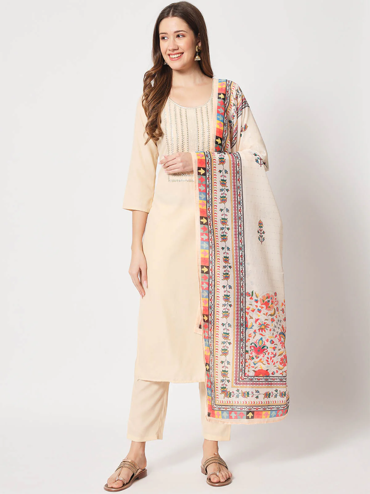 Odette Women Attractive Beige Cotton Embroidered Stitched Kurta Set - Image 2