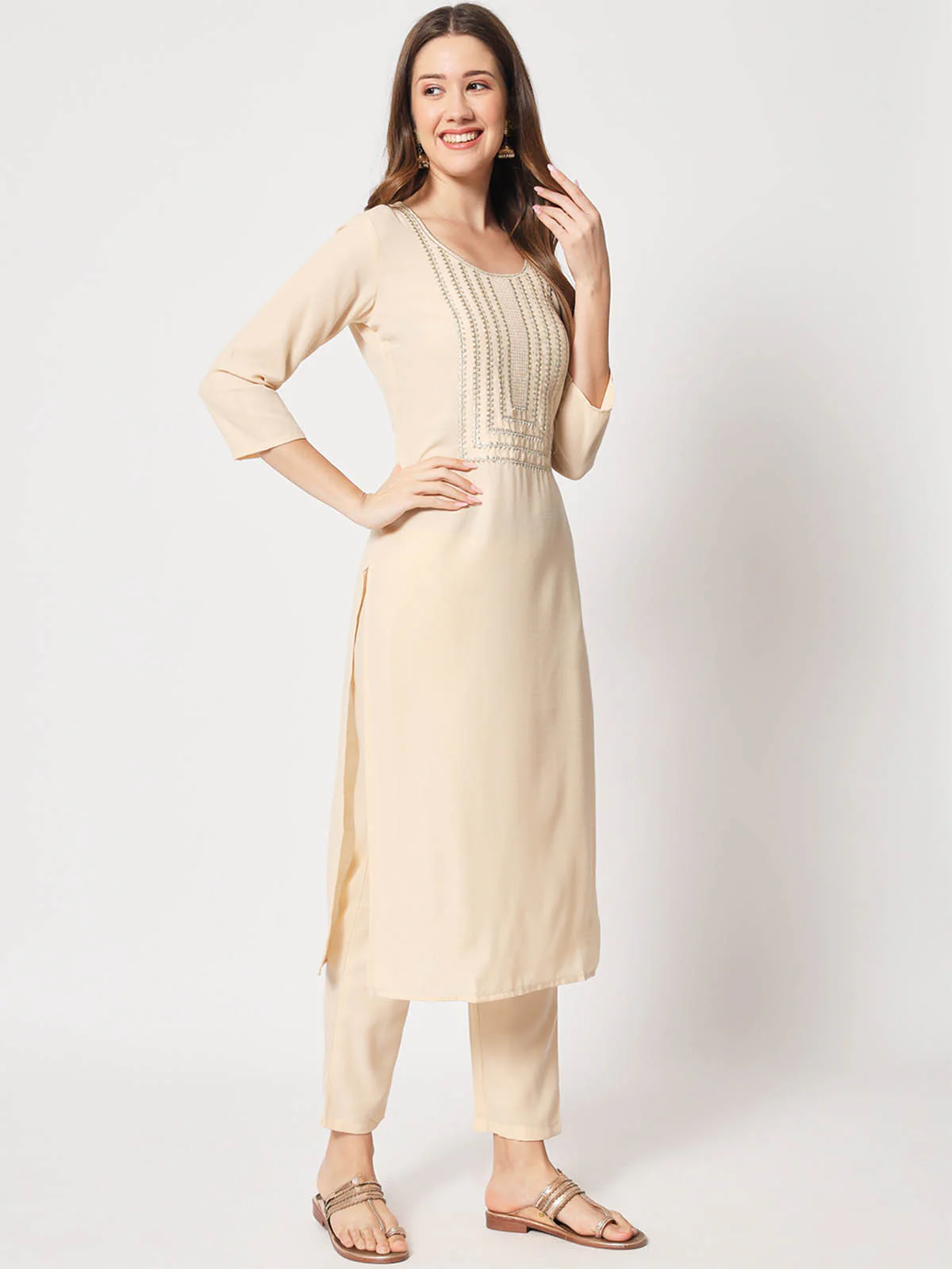 Odette Women Attractive Beige Cotton Embroidered Stitched Kurta Set - Image 4