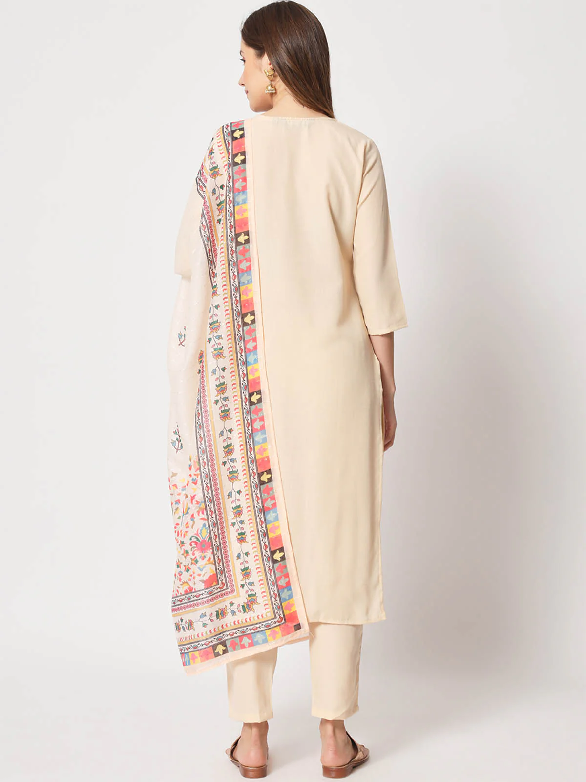 Odette Women Attractive Beige Cotton Embroidered Stitched Kurta Set - Image 5