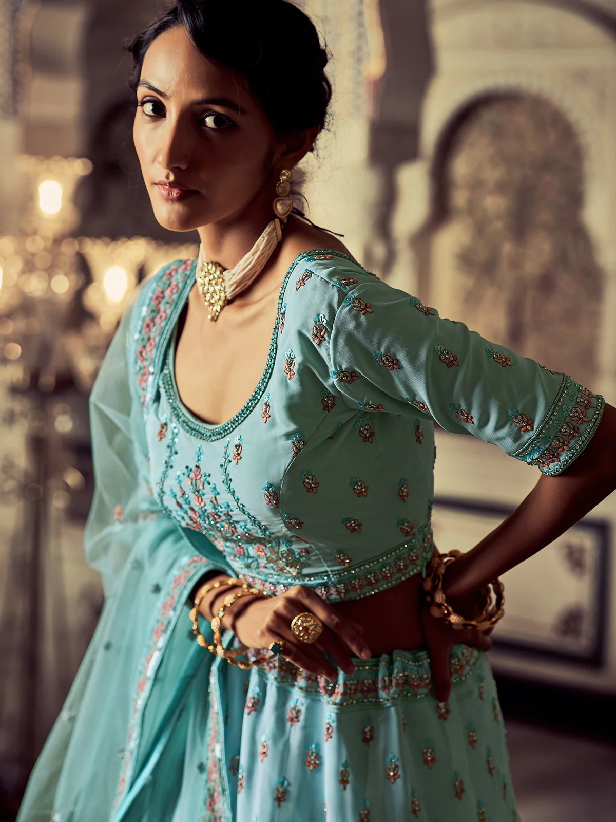Odette Women Attractive Blue Georgette Embroidered Semi Stitched Lehenga With Unstitched Blouse - Image 2