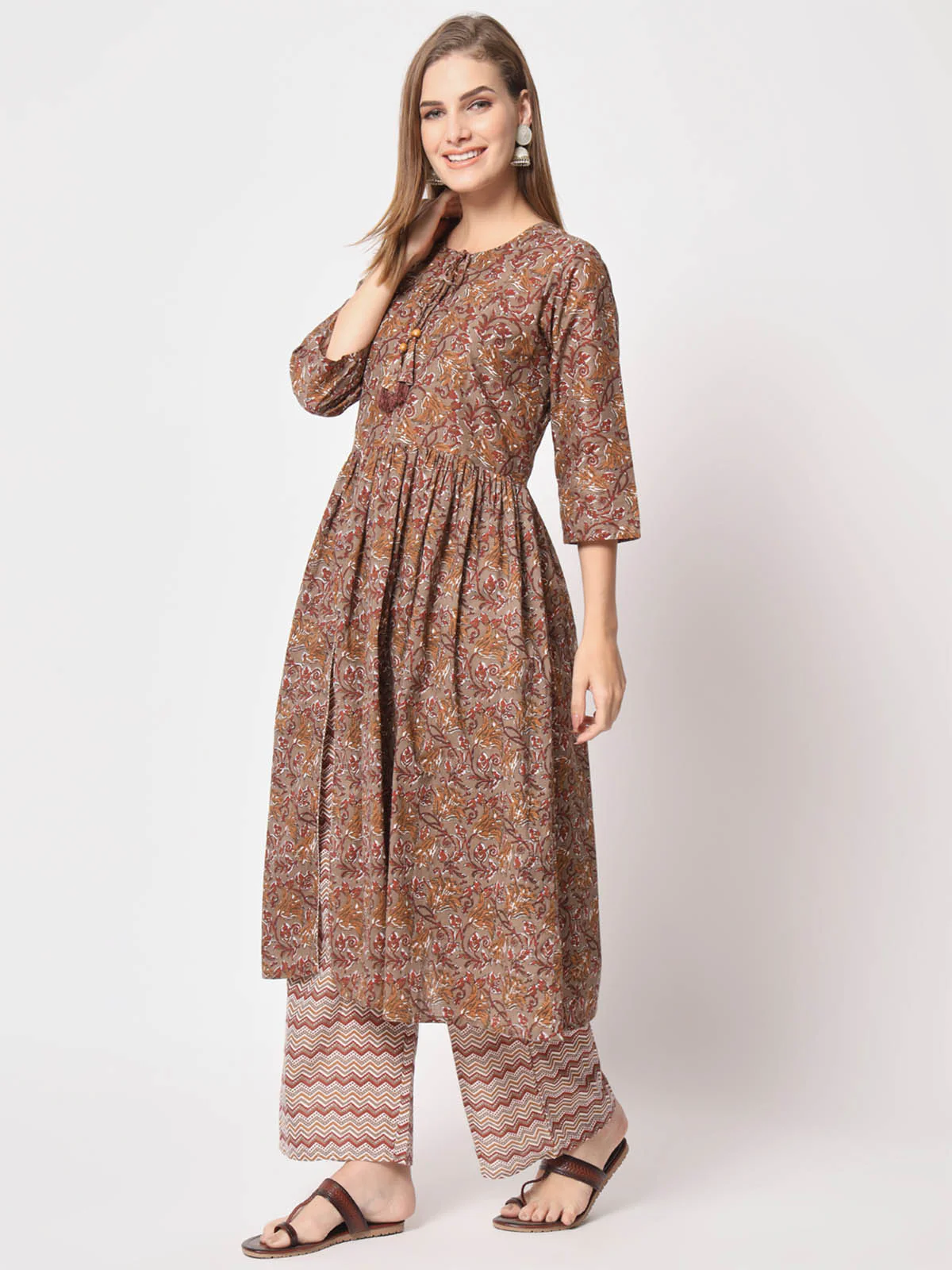 Odette Women Attractive Brown Cotton Printed Stitched Kurta Set - Image 3