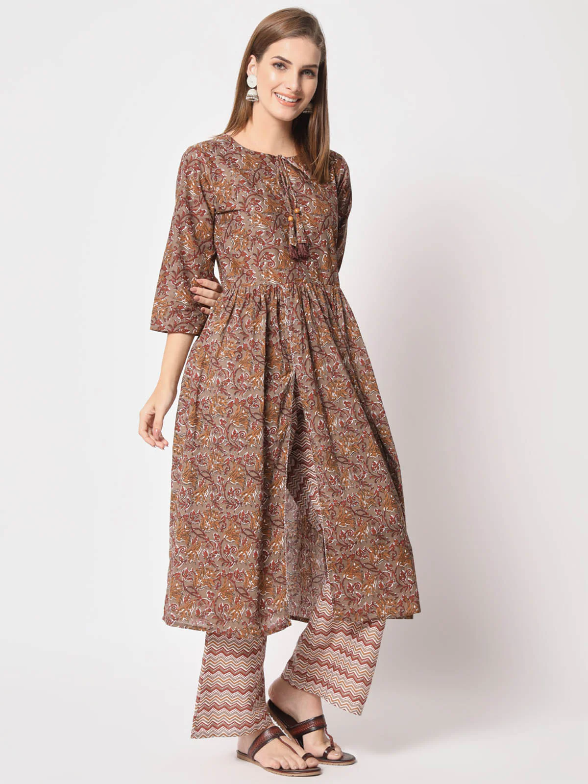 Odette Women Attractive Brown Cotton Printed Stitched Kurta Set - Image 4