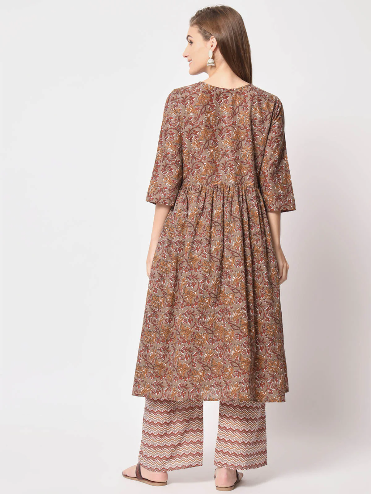 Odette Women Attractive Brown Cotton Printed Stitched Kurta Set - Image 5