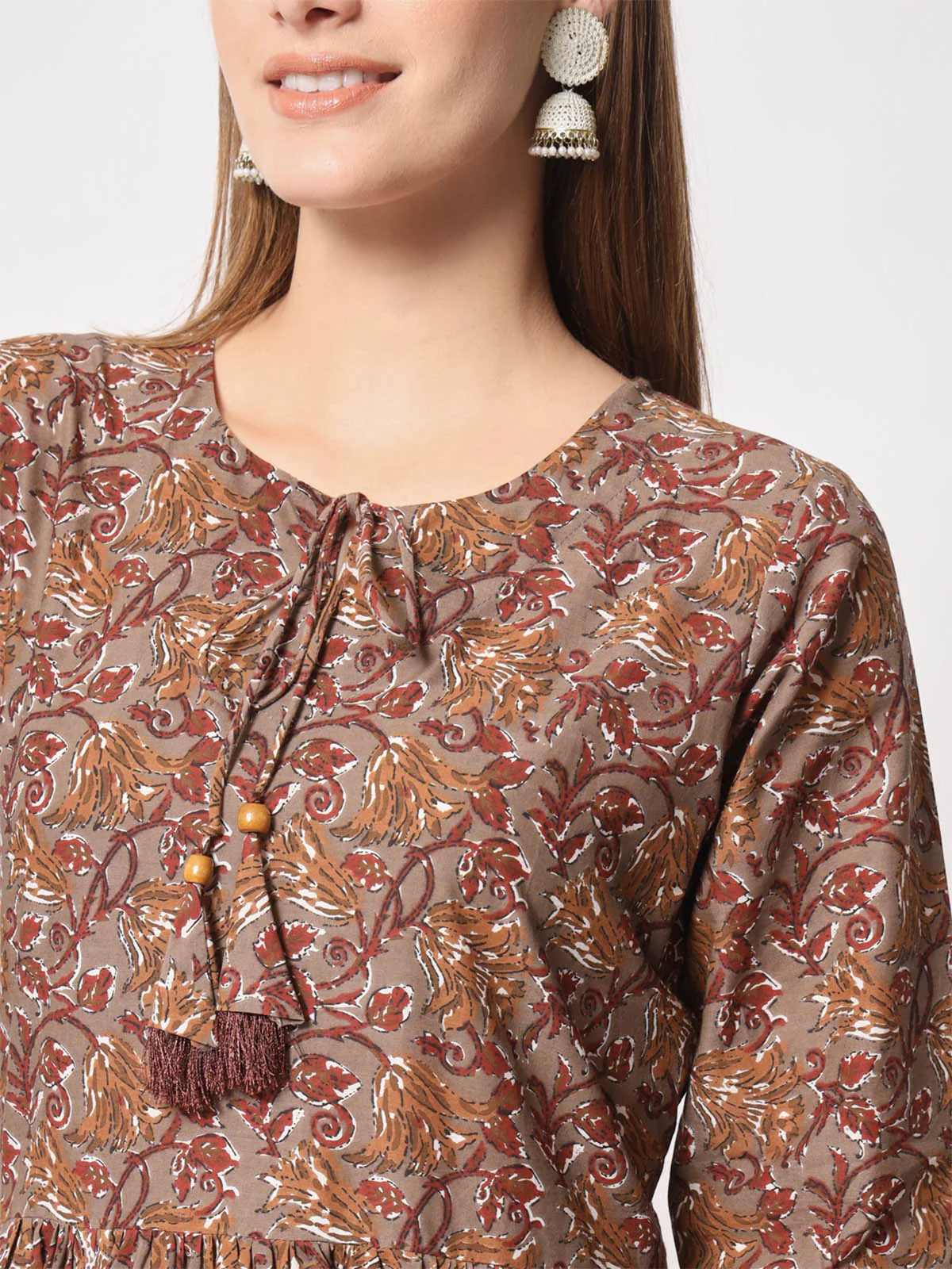 Odette Women Attractive Brown Cotton Printed Stitched Kurta Set - Image 6