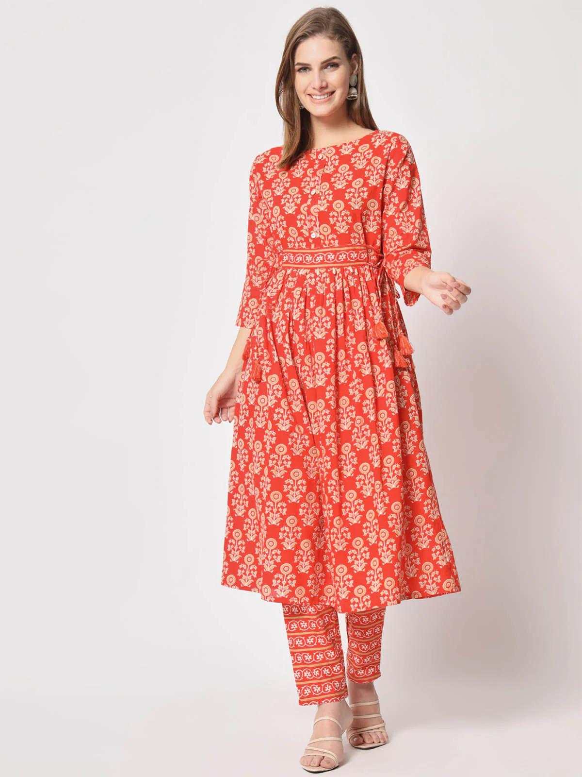 Odette Women Attractive Orange Cotton Printed Stitched Kurta Set - Image 2