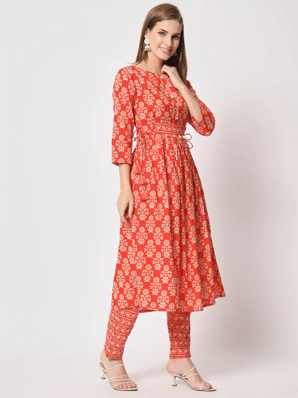 Odette Women Attractive Orange Cotton Printed Stitched Kurta Set - Image 4