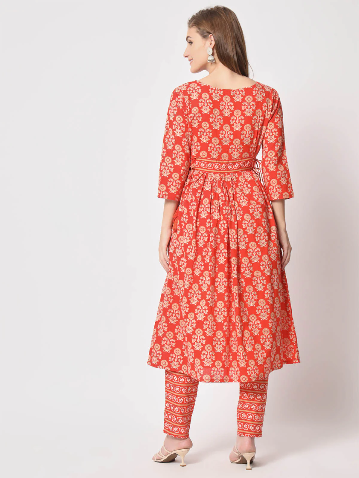 Odette Women Attractive Orange Cotton Printed Stitched Kurta Set - Image 5