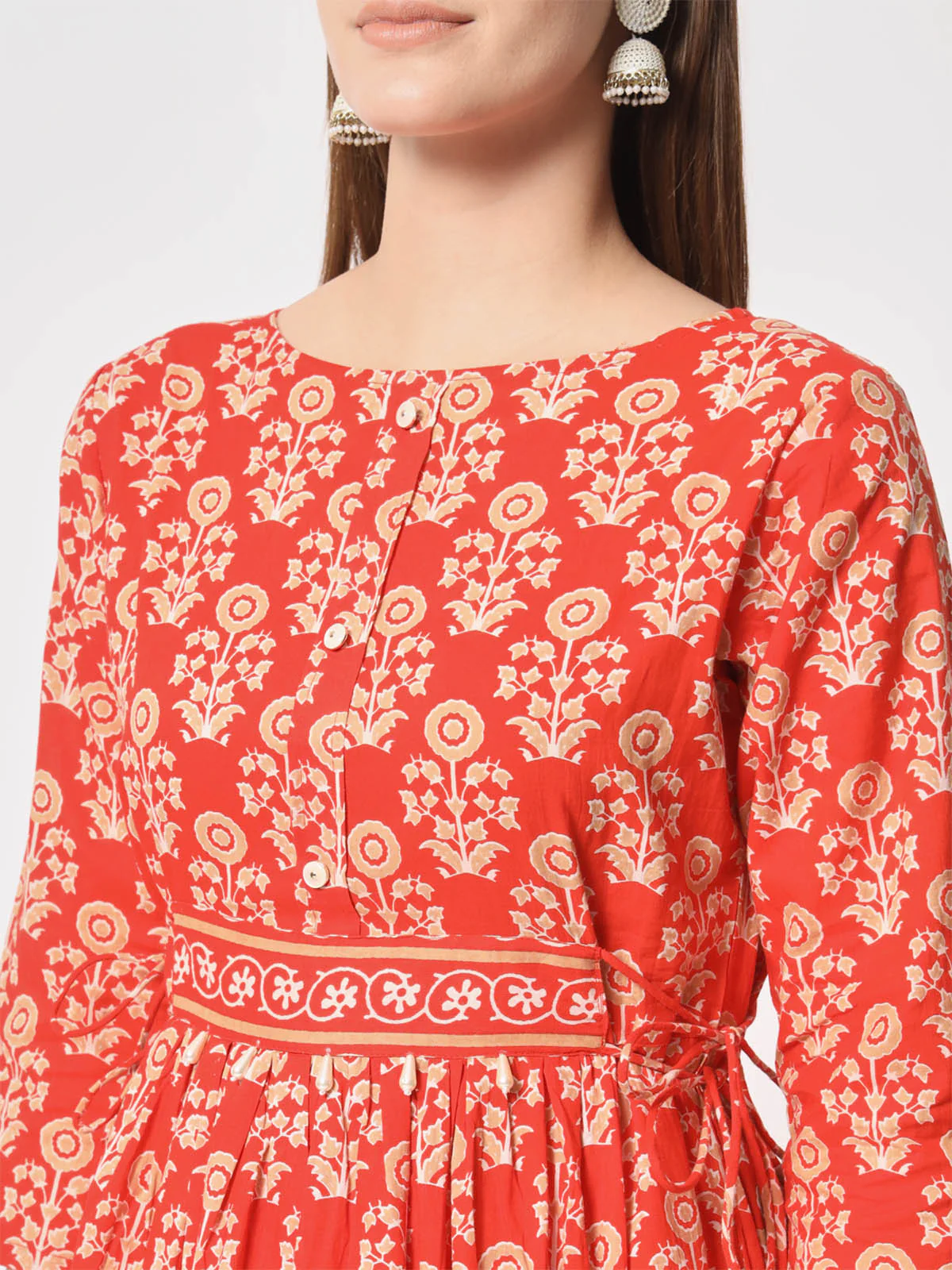 Odette Women Attractive Orange Cotton Printed Stitched Kurta Set - Image 6