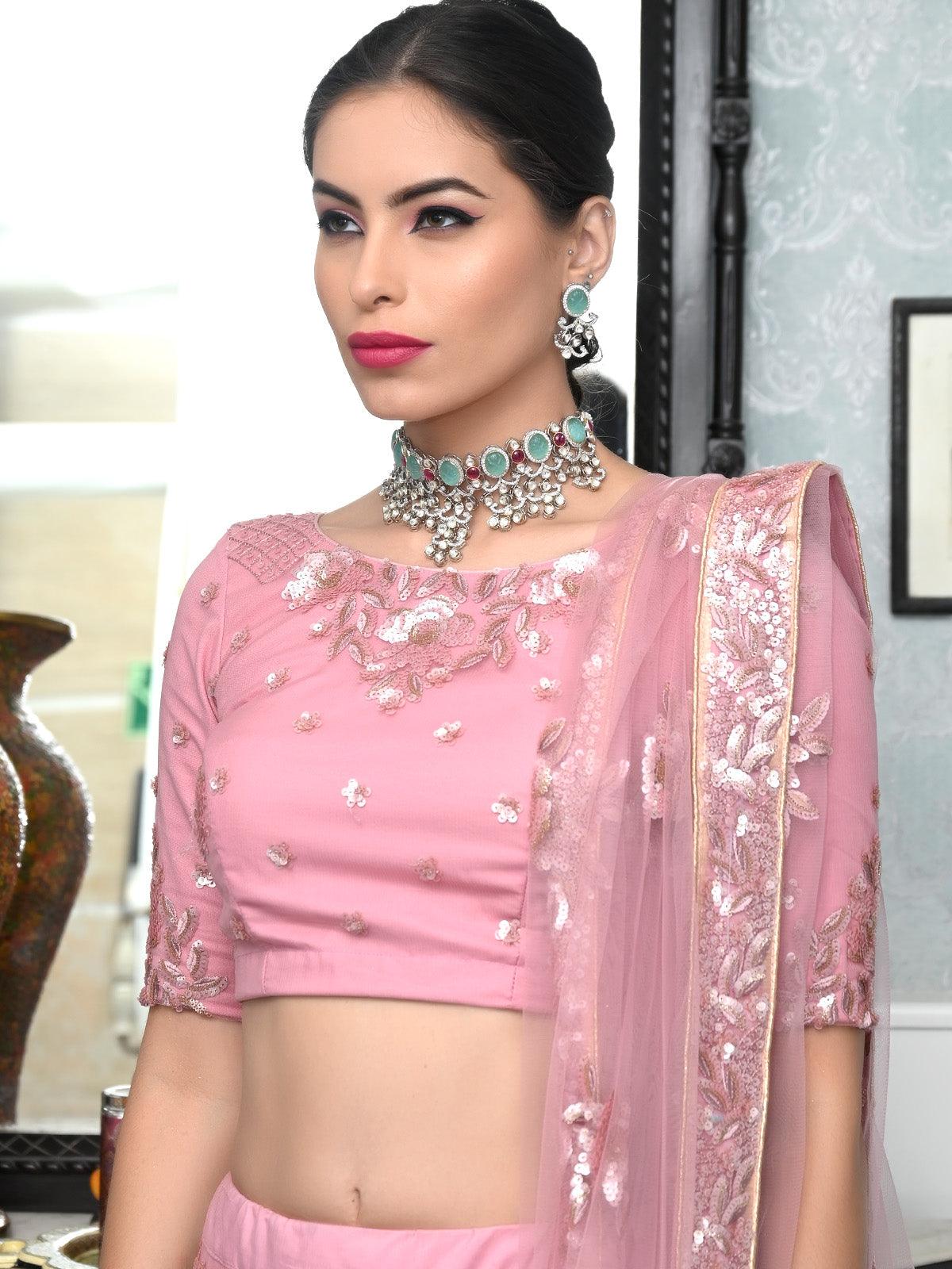 Odette Women Attractive Sea Green And Pink Choker Necklace Set - Image 2