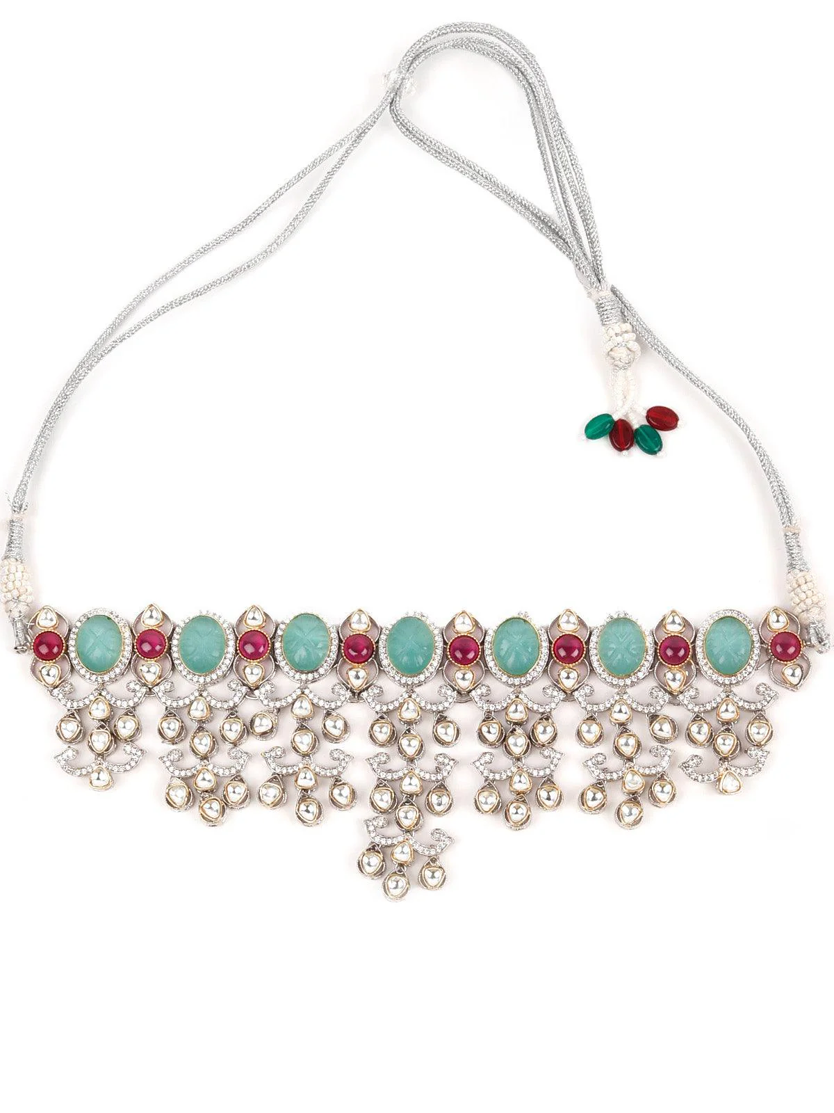 Odette Women Attractive Sea Green And Pink Choker Necklace Set - Image 4