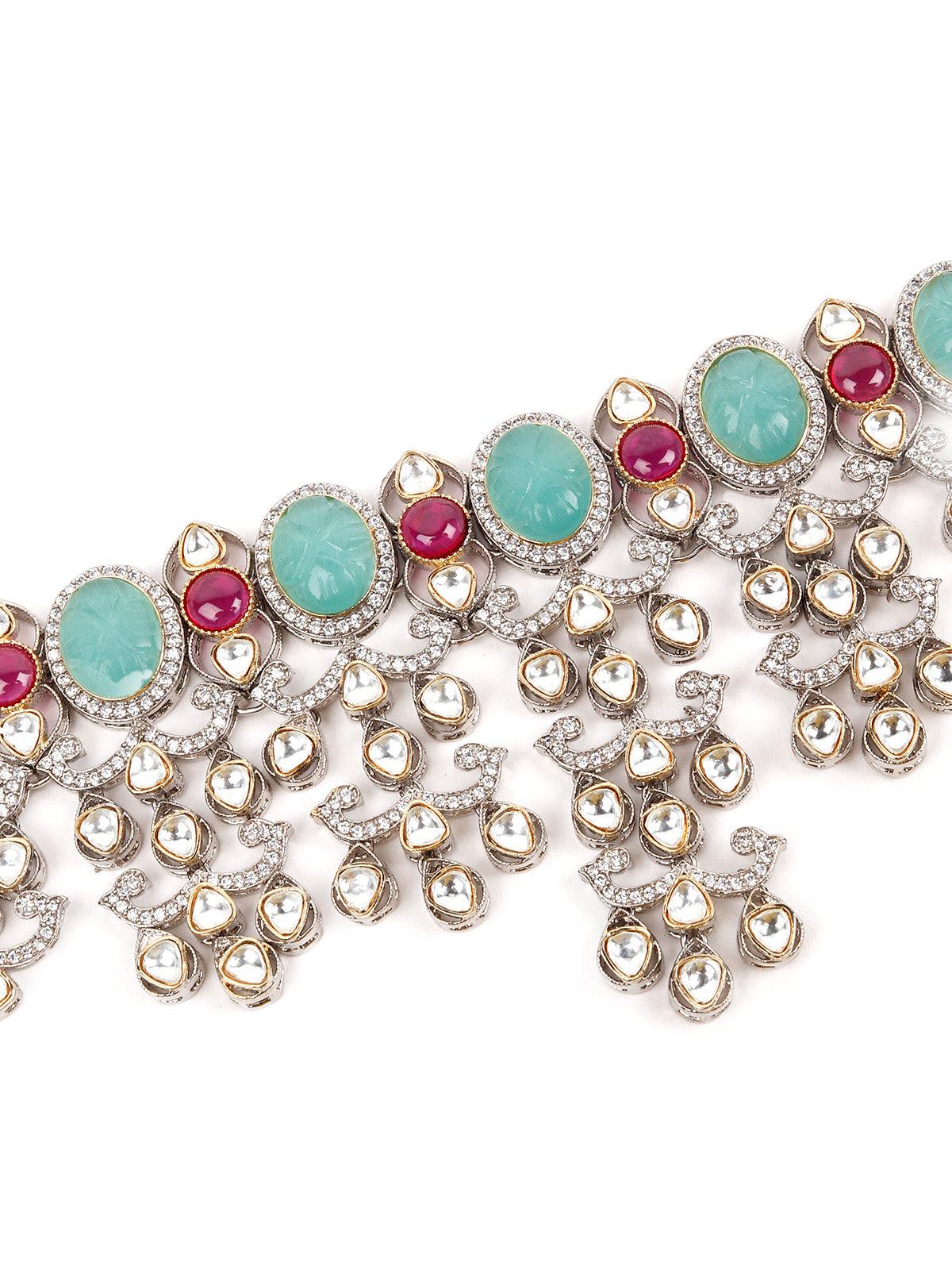 Odette Women Attractive Sea Green And Pink Choker Necklace Set - Image 5