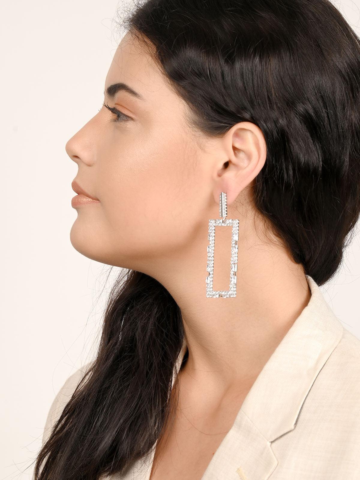 Odette Women Avyayas Rectangular White Rhinestone Earrings