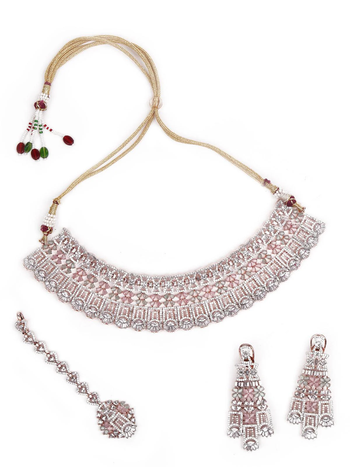 Odette Women Pink And Silver Studded Jewellery Set - Image 3