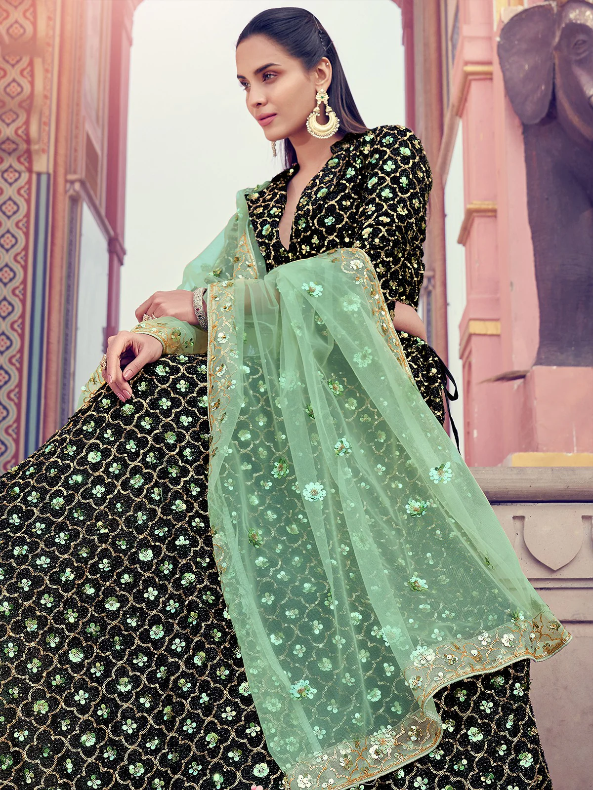 Odette Women Beautiful Black Semi Stitched Lehenga With Unstitched Blouse - Image 3