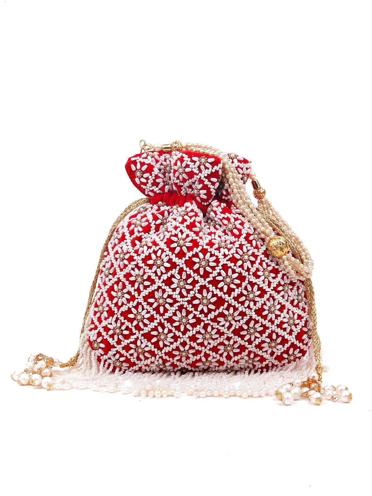 Odette Women Beautiful red pearl potli - Image 3