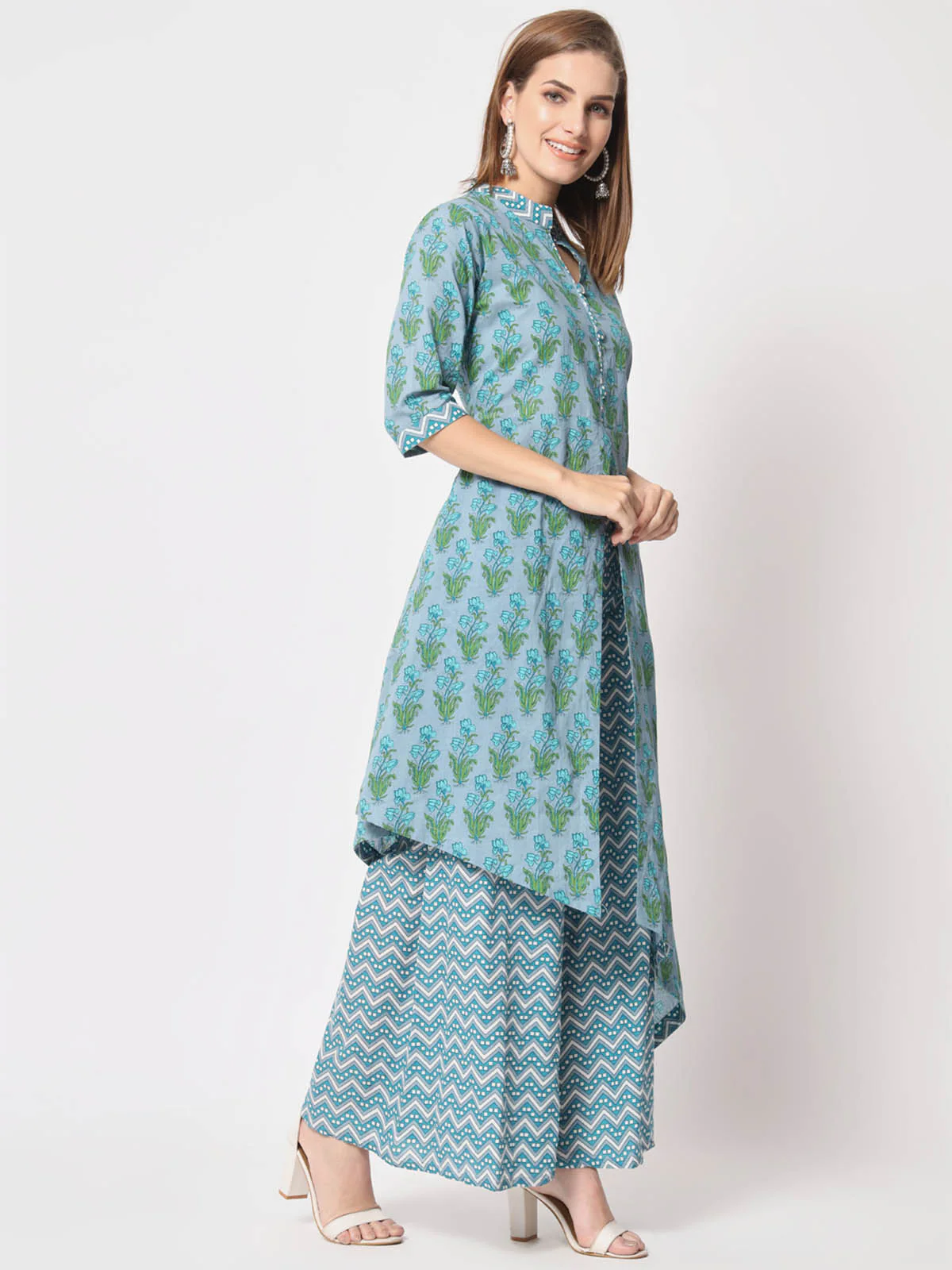 Odette Women Beautiful Blue Cotton Printed Stitched Kurta Set - Image 4