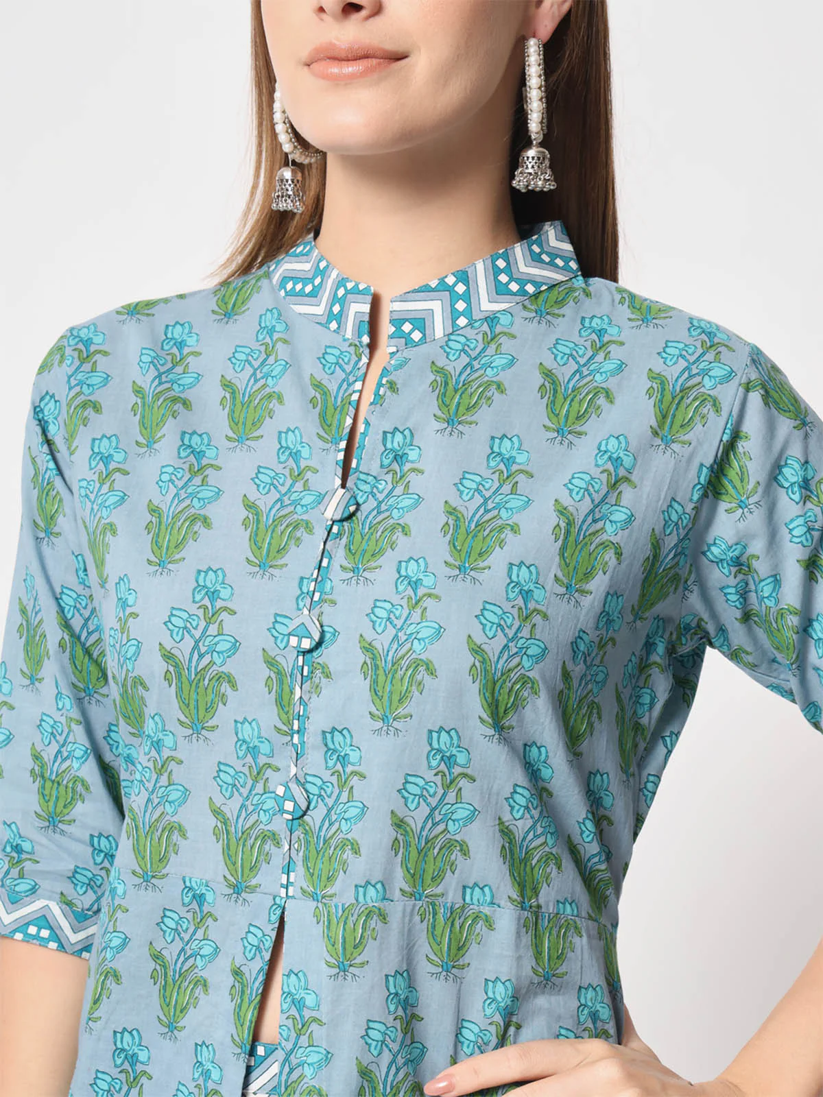 Odette Women Beautiful Blue Cotton Printed Stitched Kurta Set - Image 6