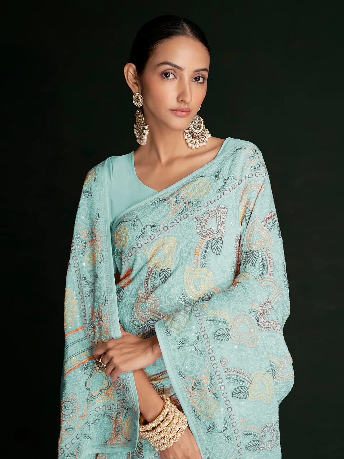 Odette Women Beautiful Blue Georgette Embroidered Saree With Unstitched Blouse - Image 2