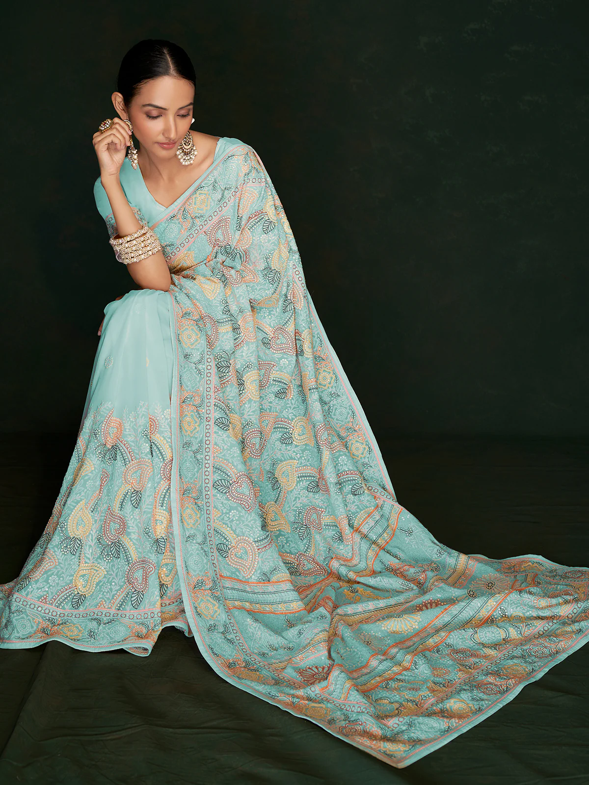 Odette Women Beautiful Blue Georgette Embroidered Saree With Unstitched Blouse - Image 3