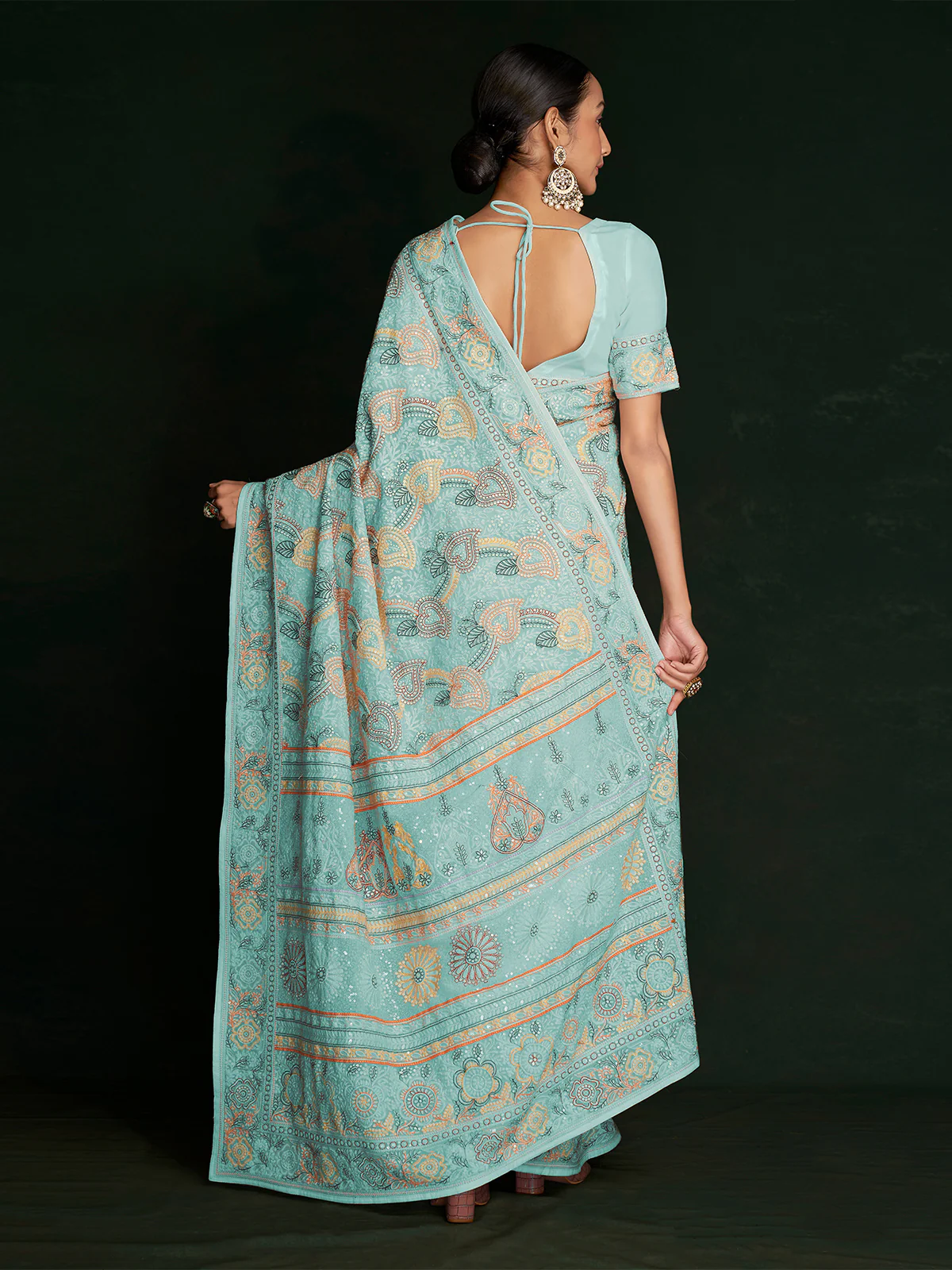 Odette Women Beautiful Blue Georgette Embroidered Saree With Unstitched Blouse - Image 4