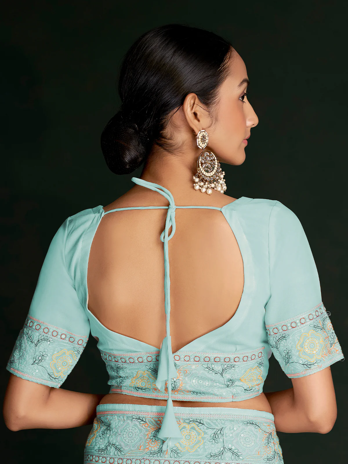 Odette Women Beautiful Blue Georgette Embroidered Saree With Unstitched Blouse - Image 5