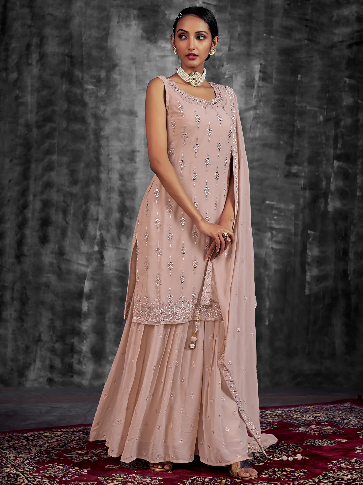 Odette Women Beautiful Embroidered Peach Georgette Stitched Kurta Set - Image 2