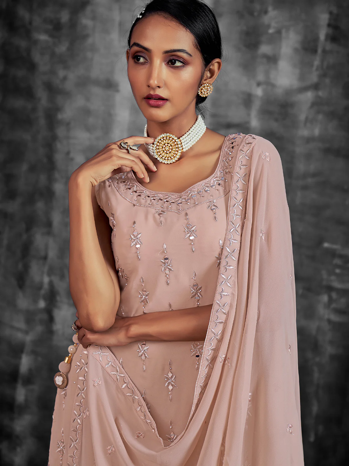 Odette Women Beautiful Embroidered Peach Georgette Stitched Kurta Set - Image 3