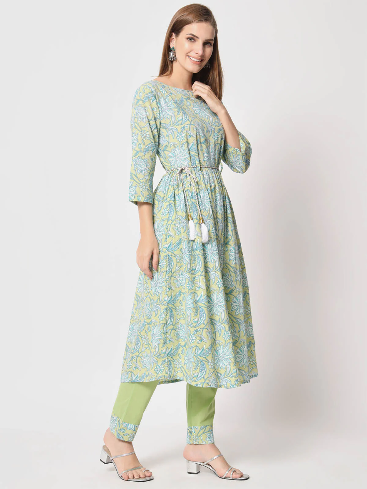 Odette Women Beautiful Green Cotton Printed Stitched Kurta Set - Image 4