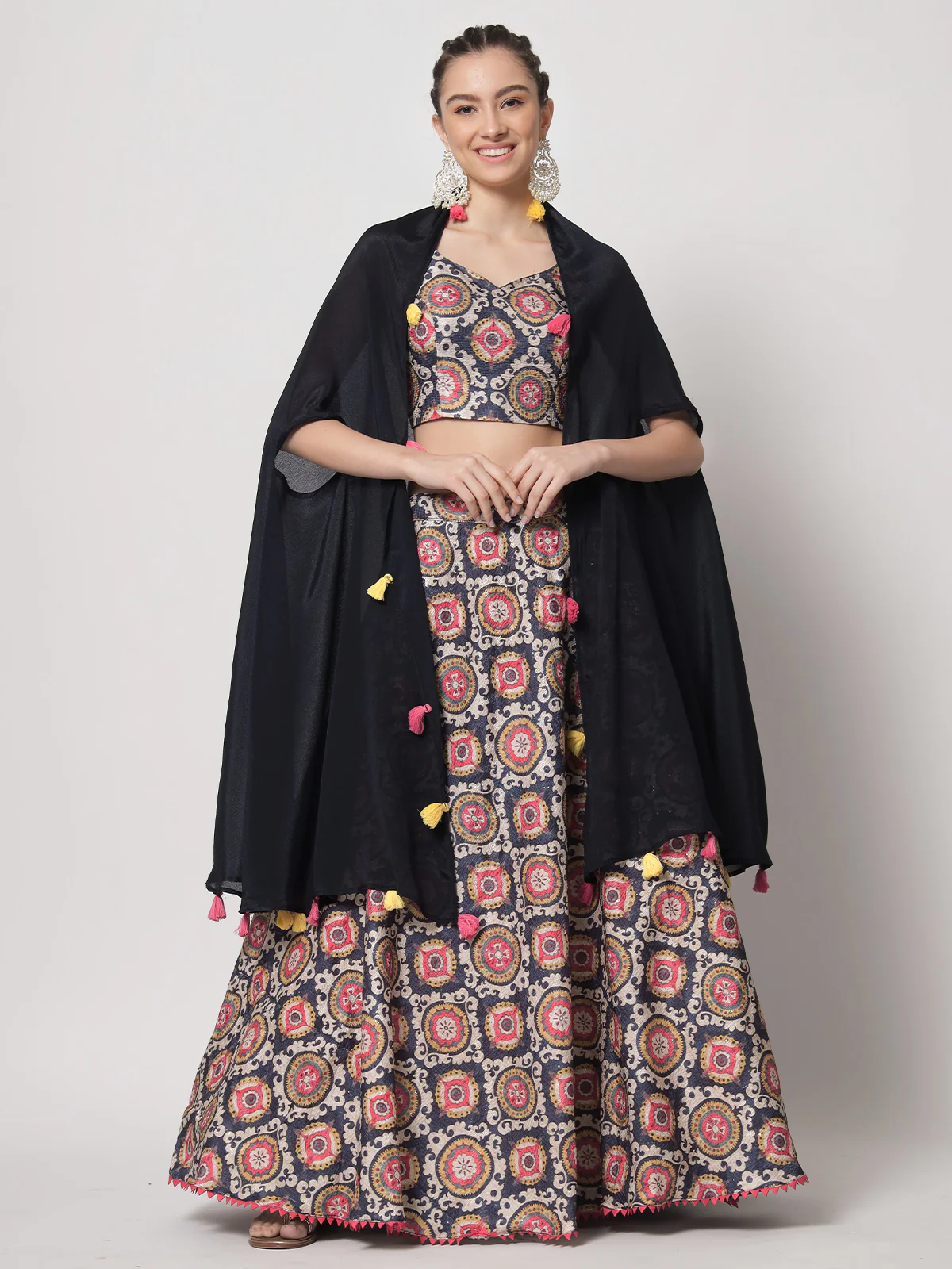 Odette Women Beautiful Multicolor Chinon Silk Printed Semi Stitched Lehenga With Unstitched Blouse