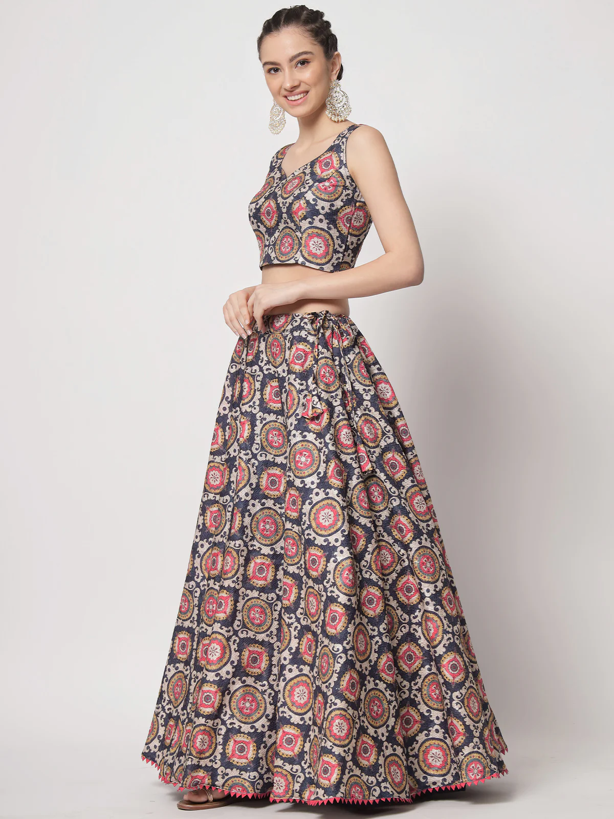 Odette Women Beautiful Multicolor Chinon Silk Printed Semi Stitched Lehenga With Unstitched Blouse - Image 3