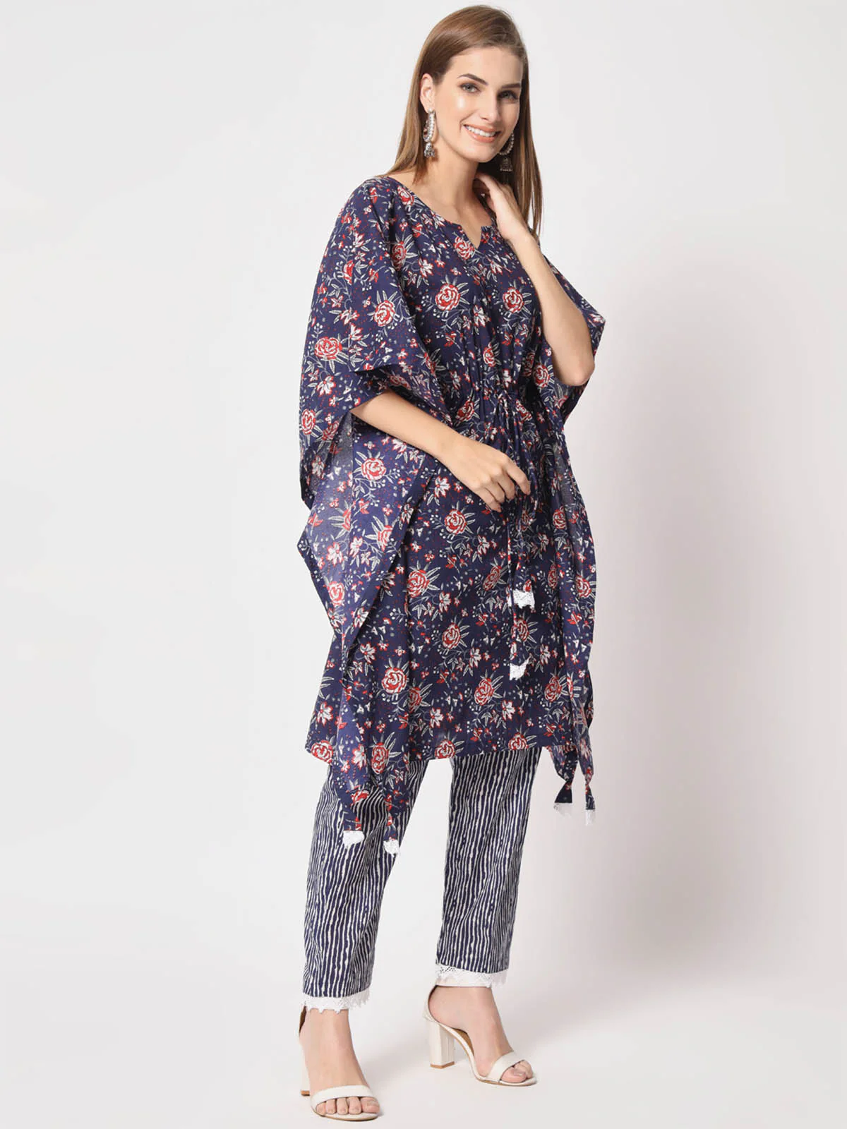Odette Women Beautiful Dark Blue Cotton Printed Stitched Kurta Set - Image 3