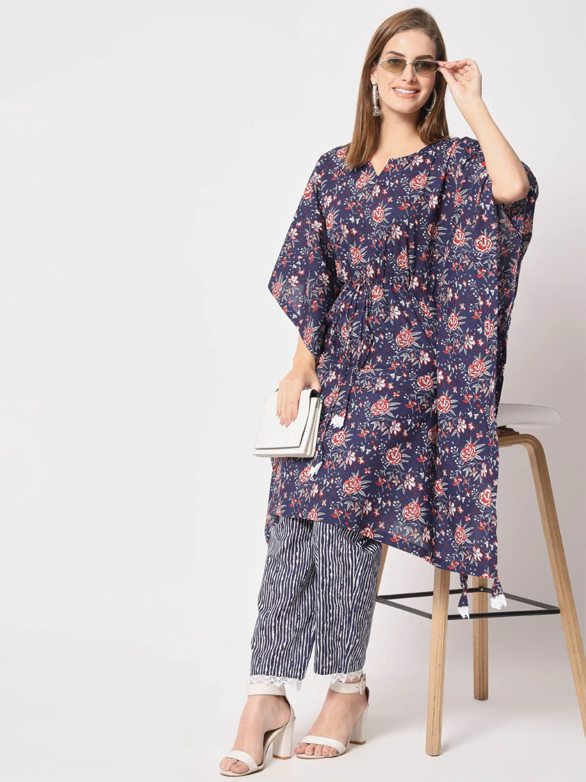 Odette Women Beautiful Dark Blue Cotton Printed Stitched Kurta Set - Image 5