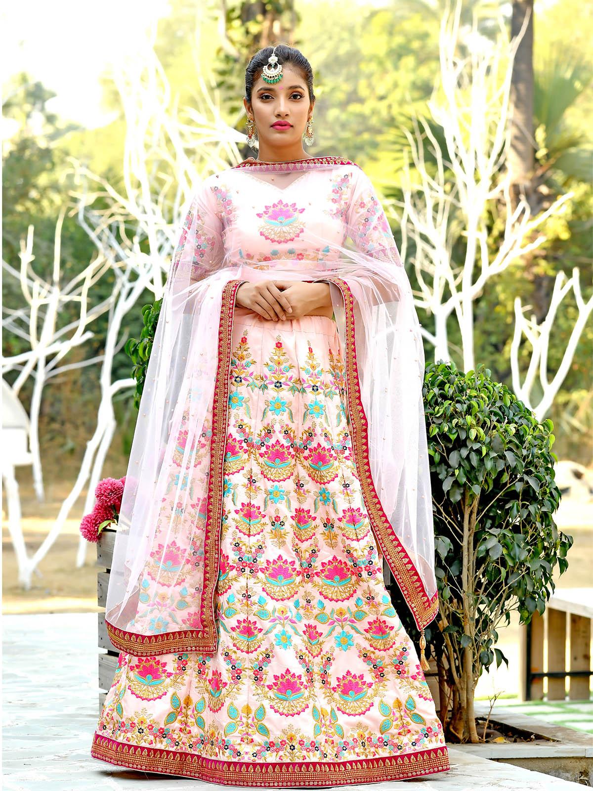 Odette Women Beautiful Peach Silk Semi Stitched Lehenga With  Unstitched Blouse - Image 2