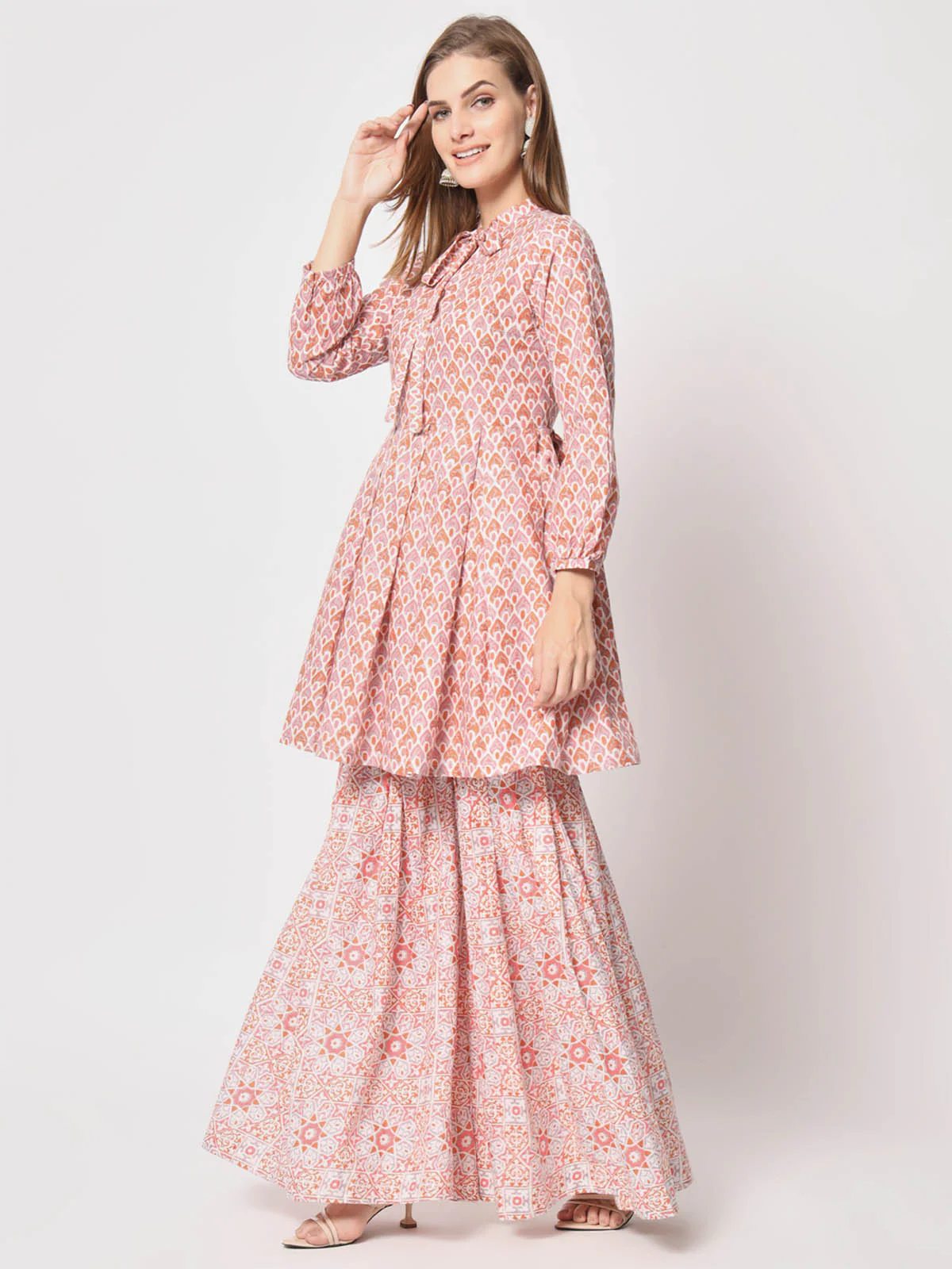 Odette Women Beautiful Pink Cotton Printed Stitched Kurta Set - Image 3