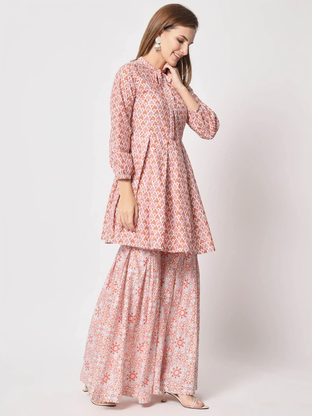 Odette Women Beautiful Pink Cotton Printed Stitched Kurta Set - Image 4