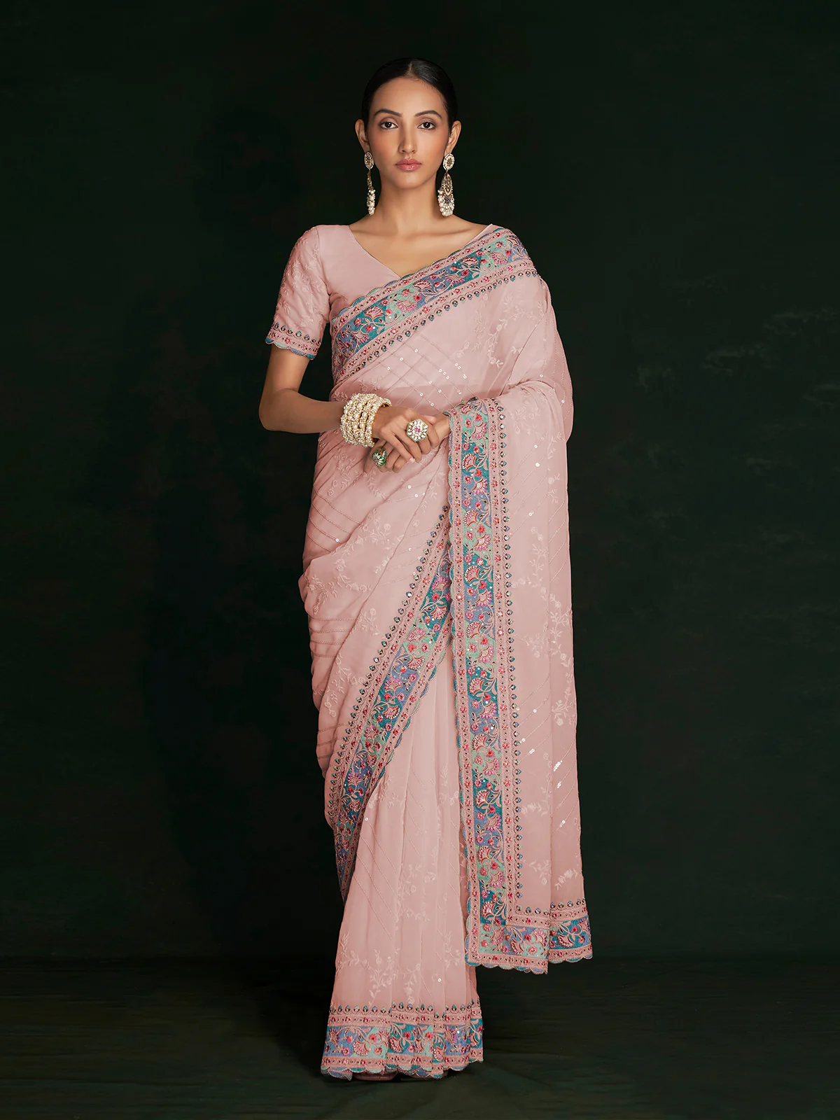 Odette Women Beautiful Pink Georgette Embroidered Saree With Unstitched Blouse