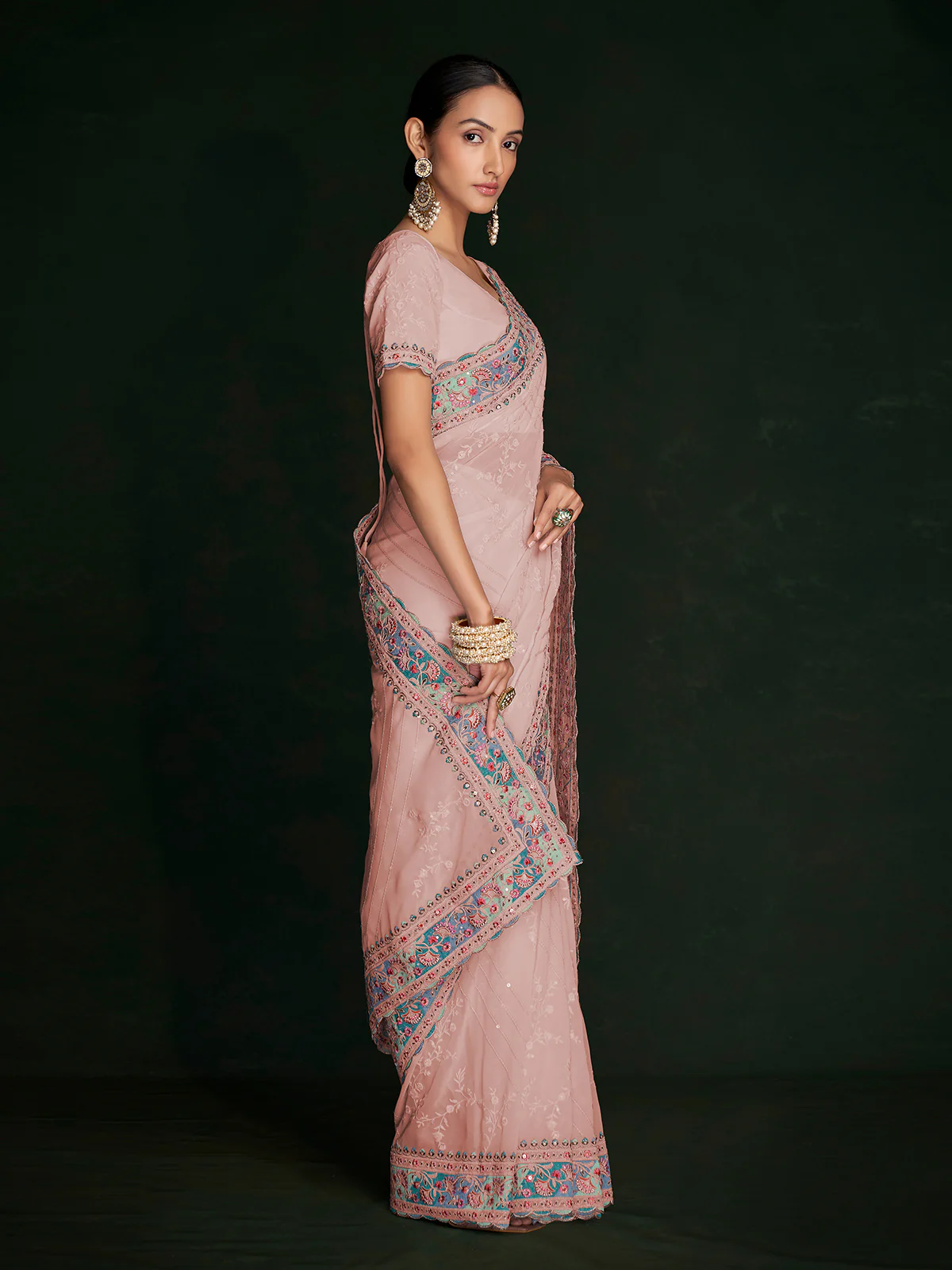 Odette Women Beautiful Pink Georgette Embroidered Saree With Unstitched Blouse - Image 3