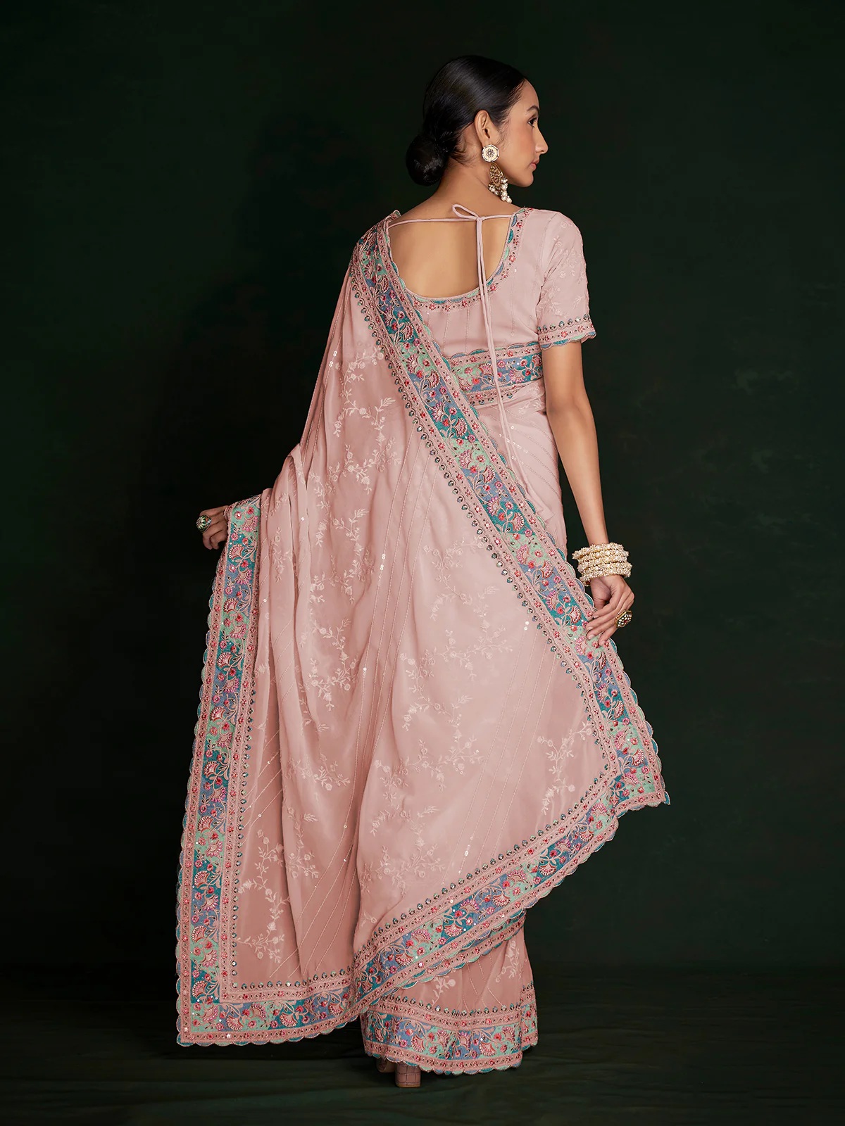 Odette Women Beautiful Pink Georgette Embroidered Saree With Unstitched Blouse - Image 4