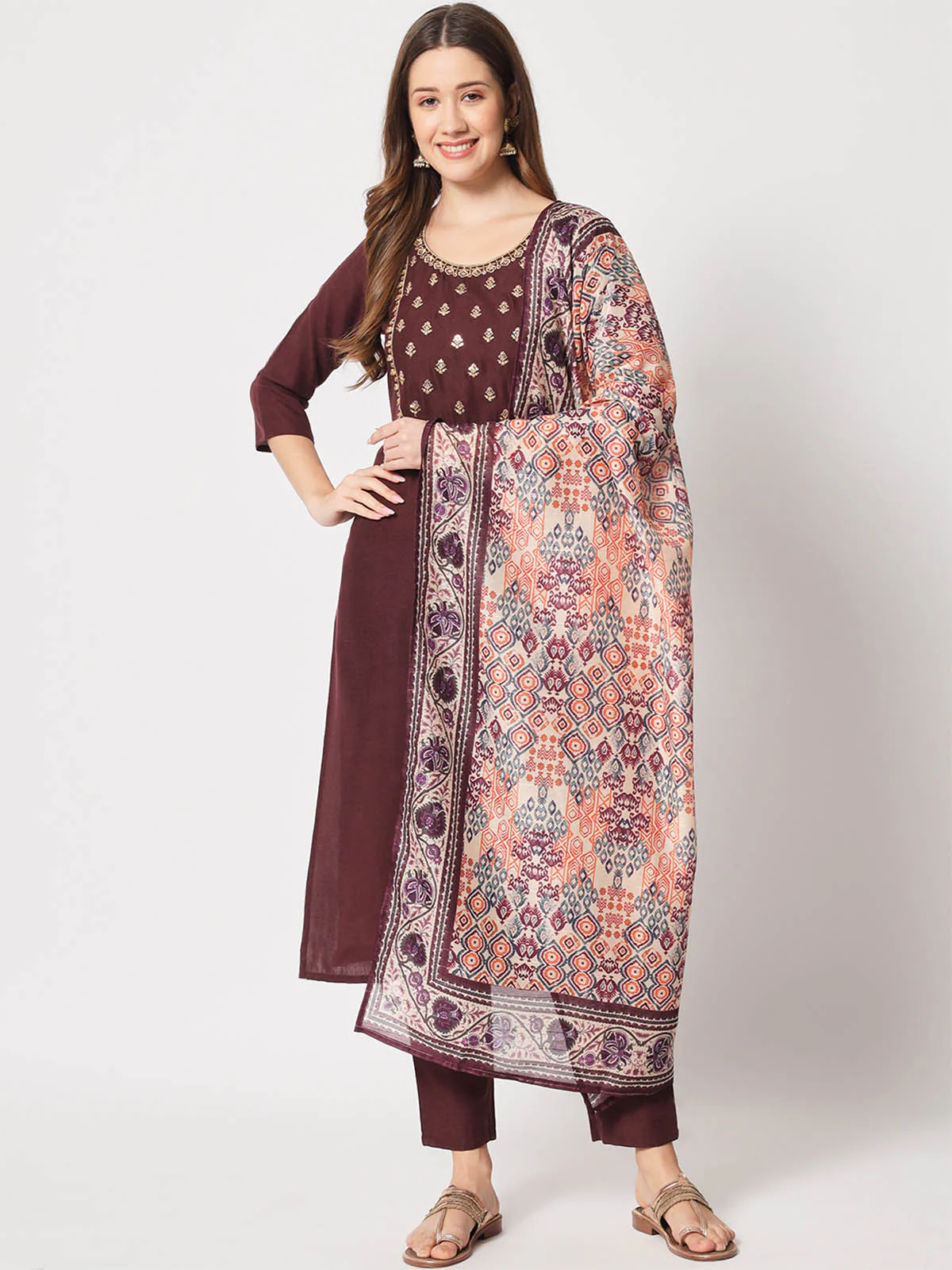Odette Women Beautiful Violet Cotton Embroidered Stitched Kurta Set - Image 2